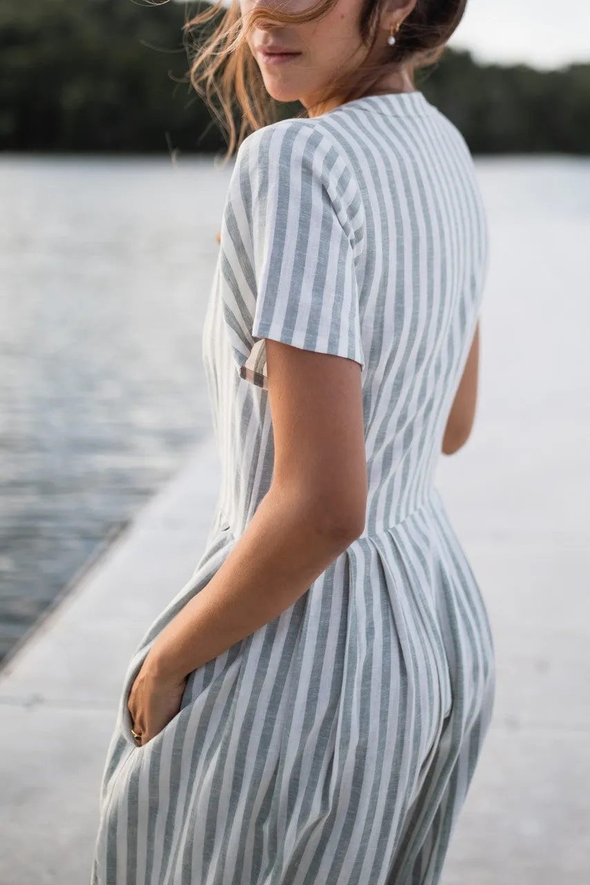 June Dress in Green and White Stripe Linen - S