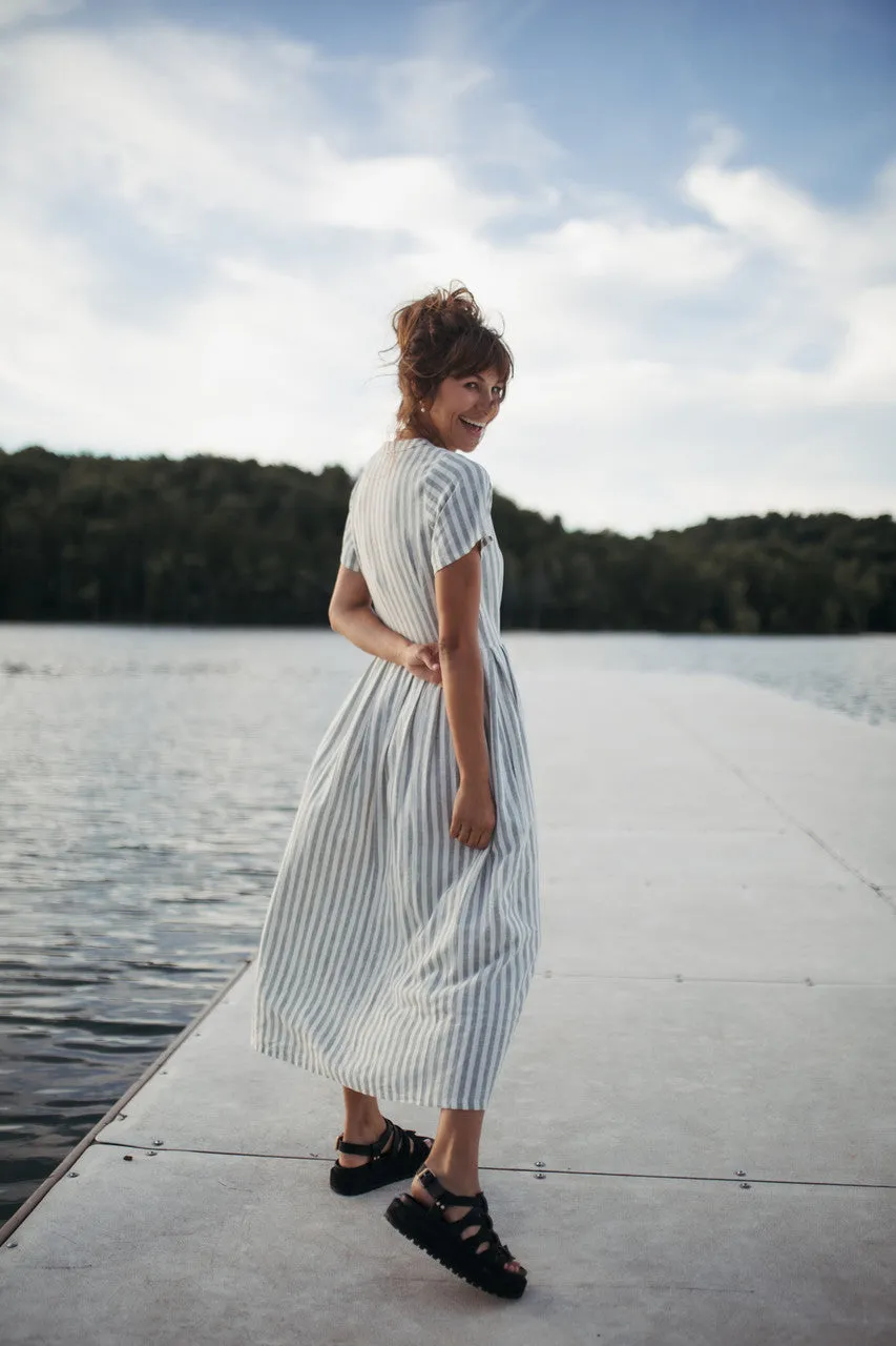 June Dress in Green and White Stripe Linen - S