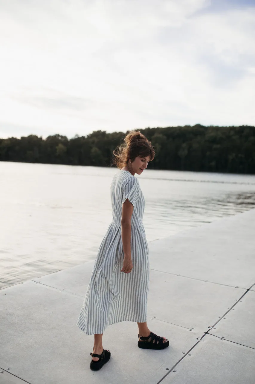 June Dress in Green and White Stripe Linen - S