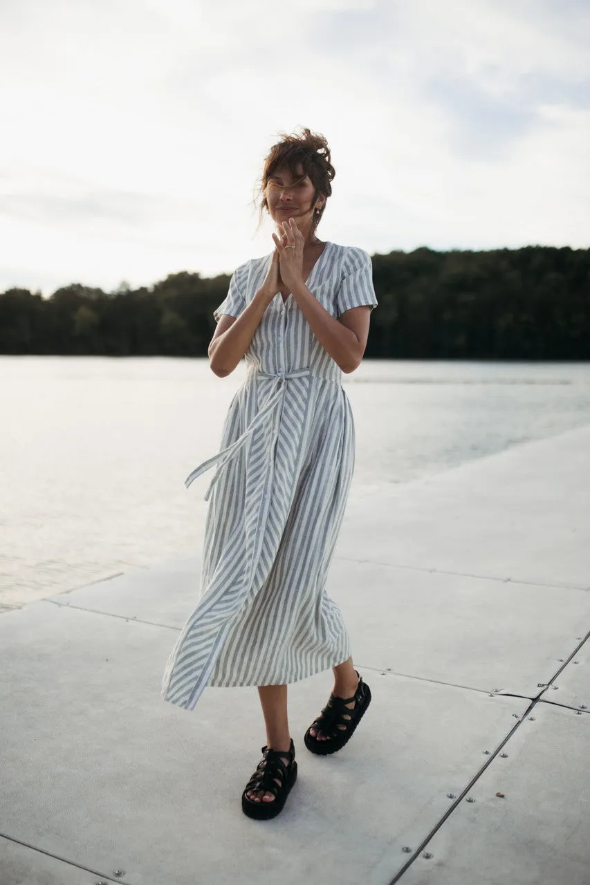 June Dress in Green and White Stripe Linen - S