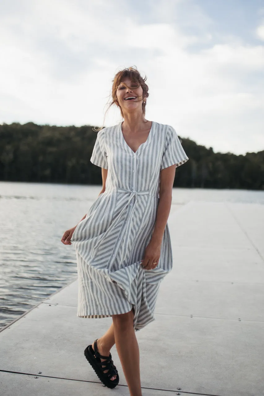 June Dress in Green and White Stripe Linen - S