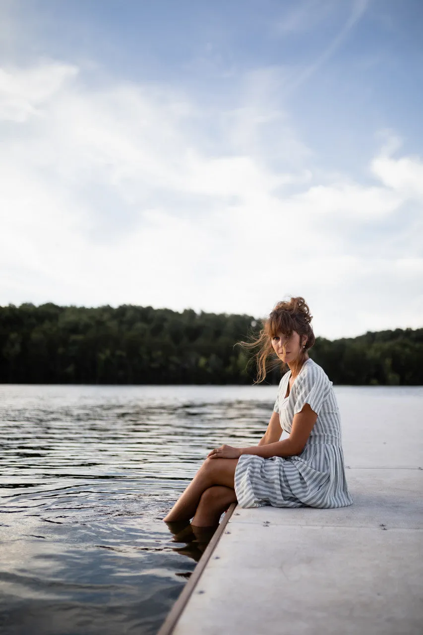 June Dress in Green and White Stripe Linen - S