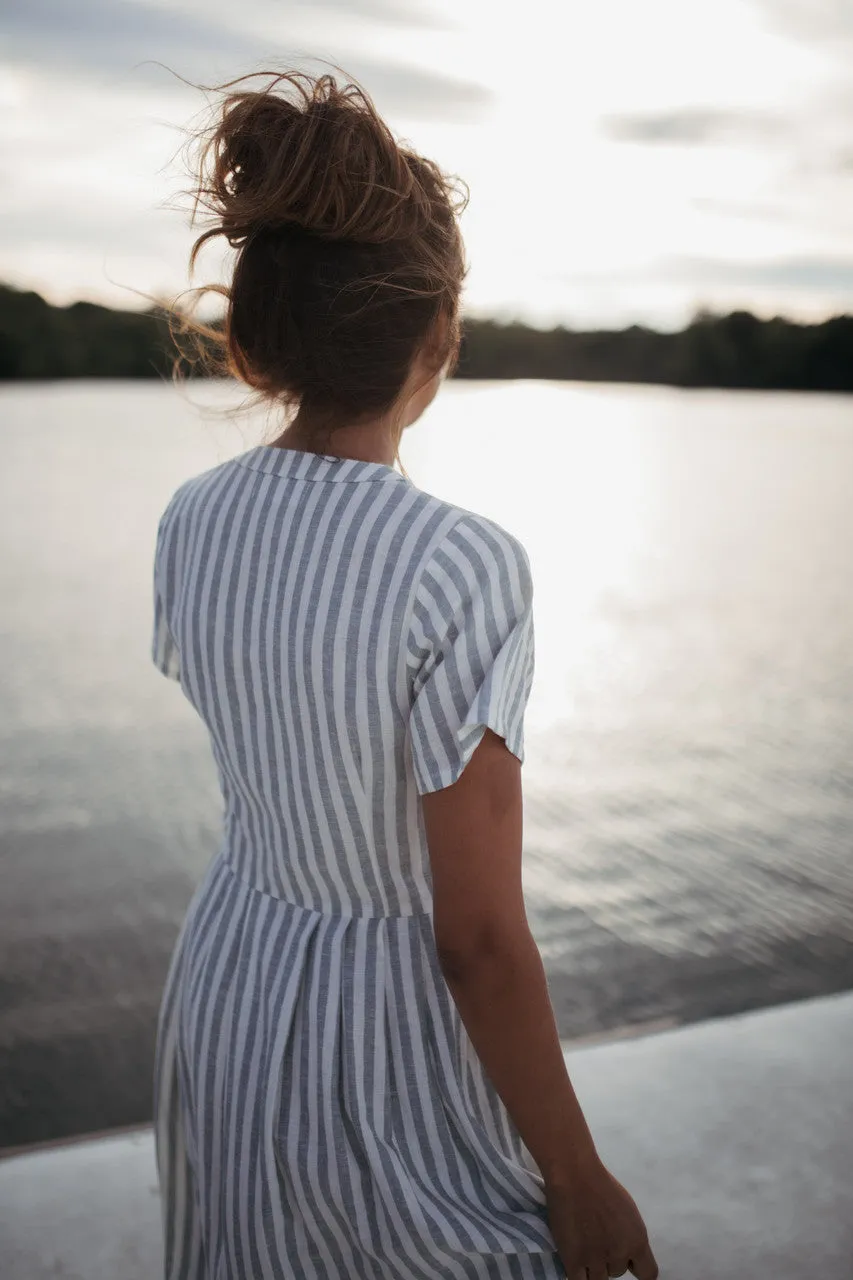 June Dress in Green and White Stripe Linen - S