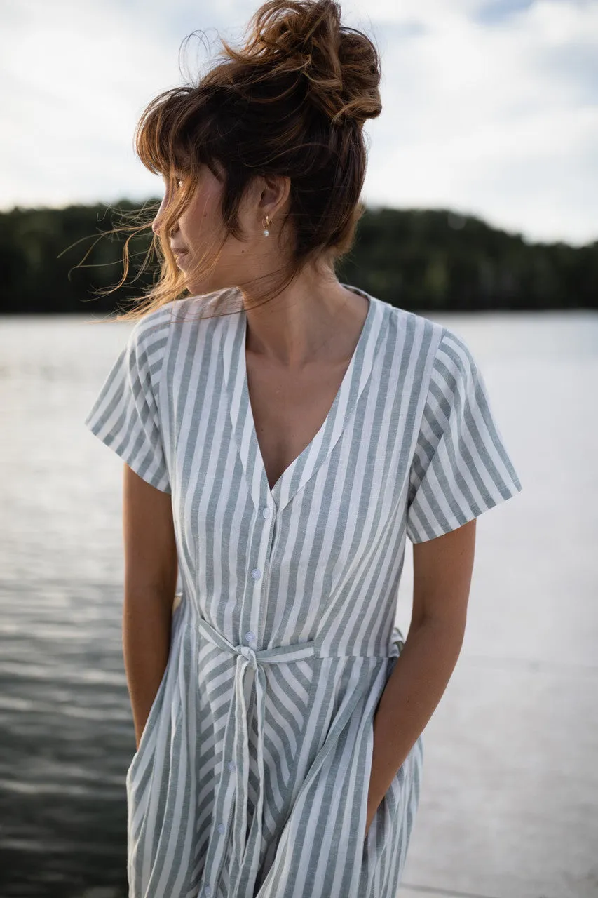 June Dress in Green and White Stripe Linen - S