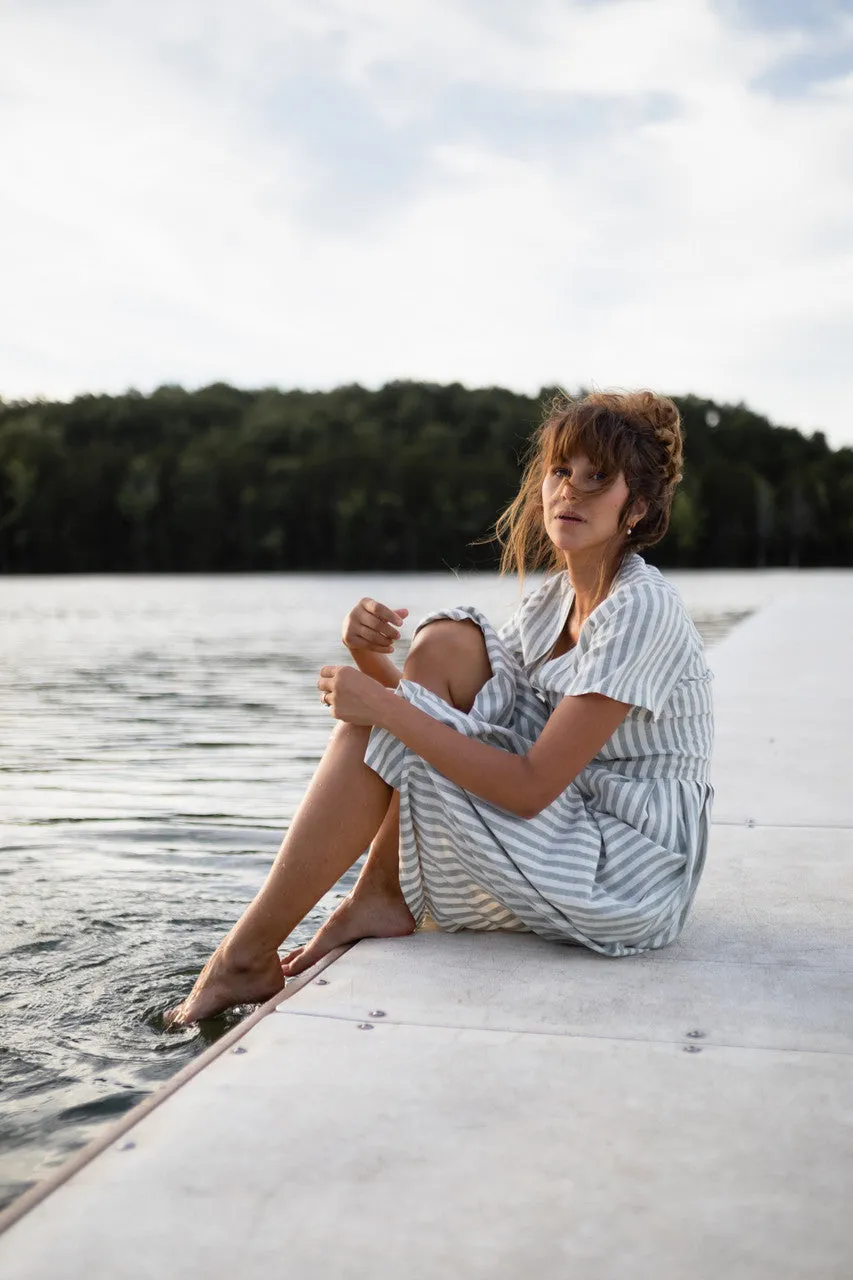 June Dress in Green and White Stripe Linen - S