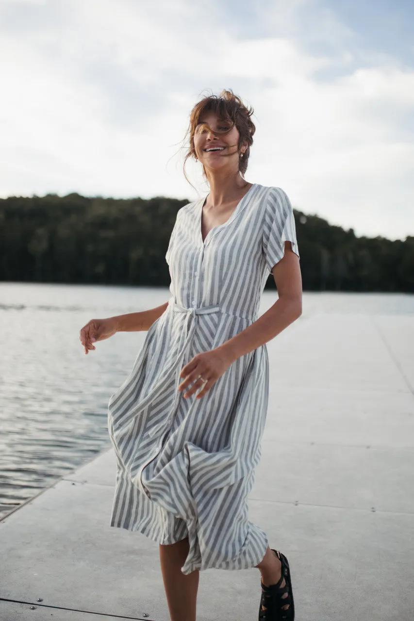 June Dress in Green and White Stripe Linen - S