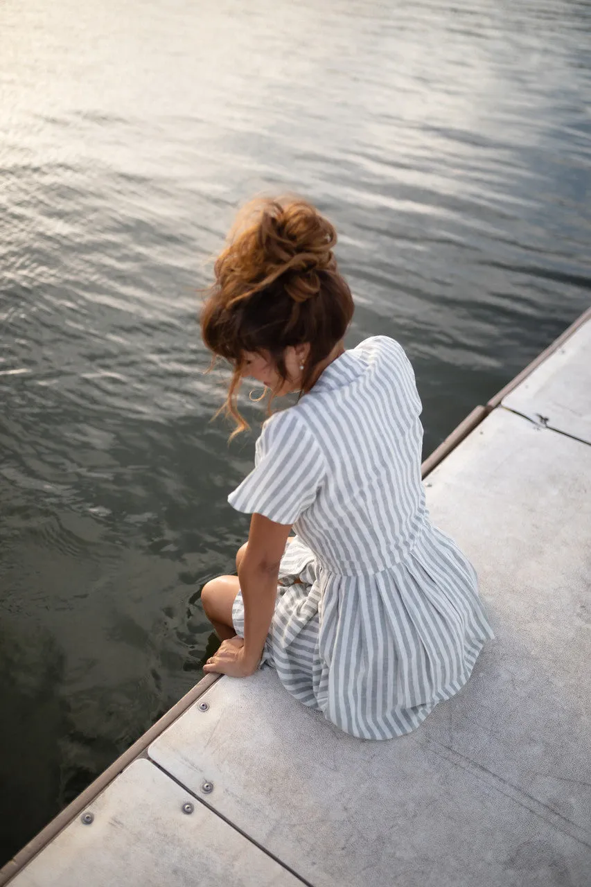 June Dress in Green and White Stripe Linen - S