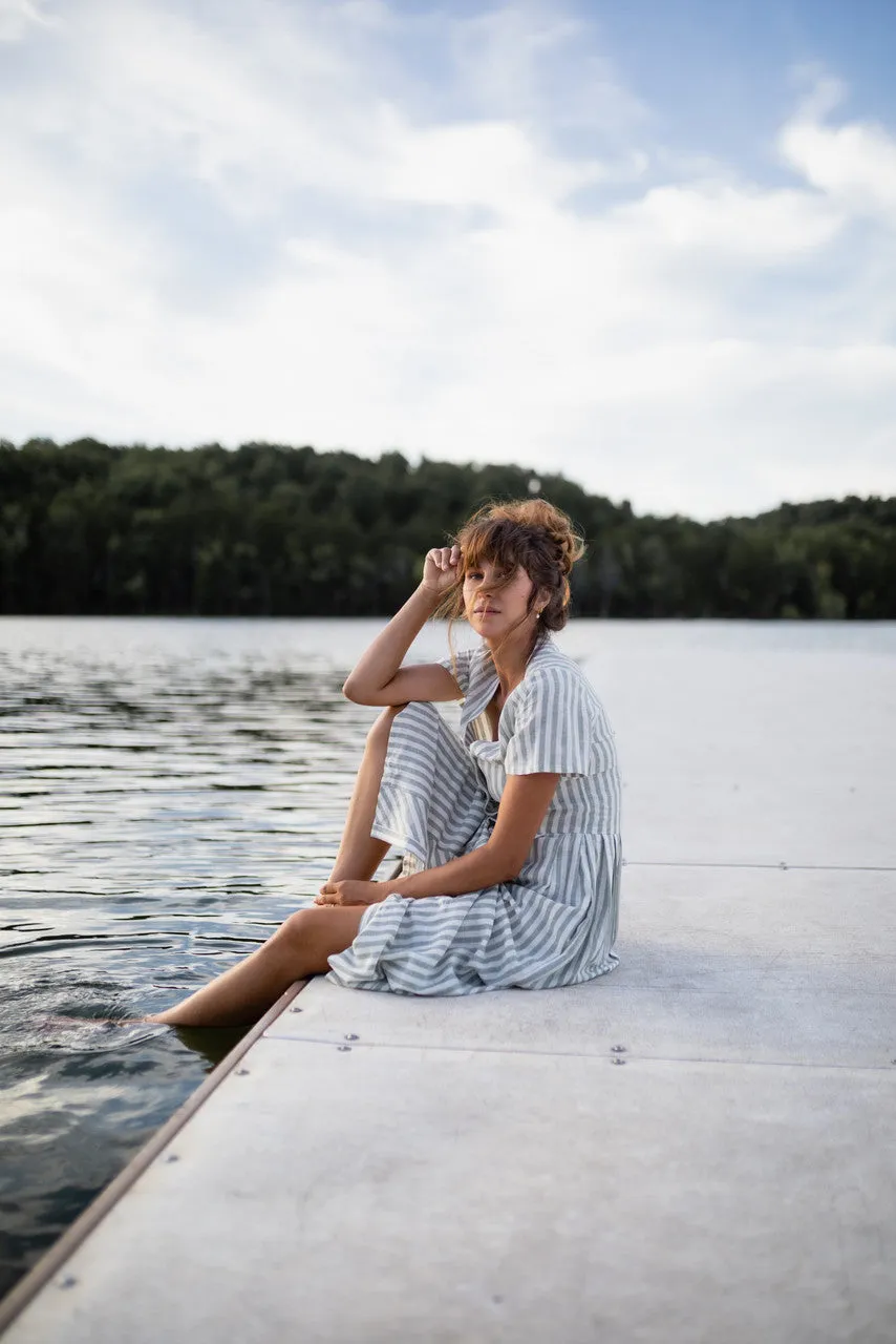 June Dress in Green and White Stripe Linen - S