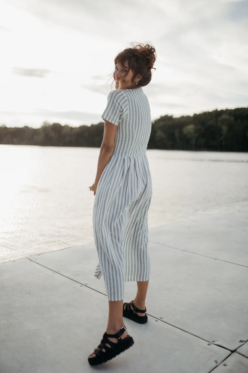 June Dress in Green and White Stripe Linen - S