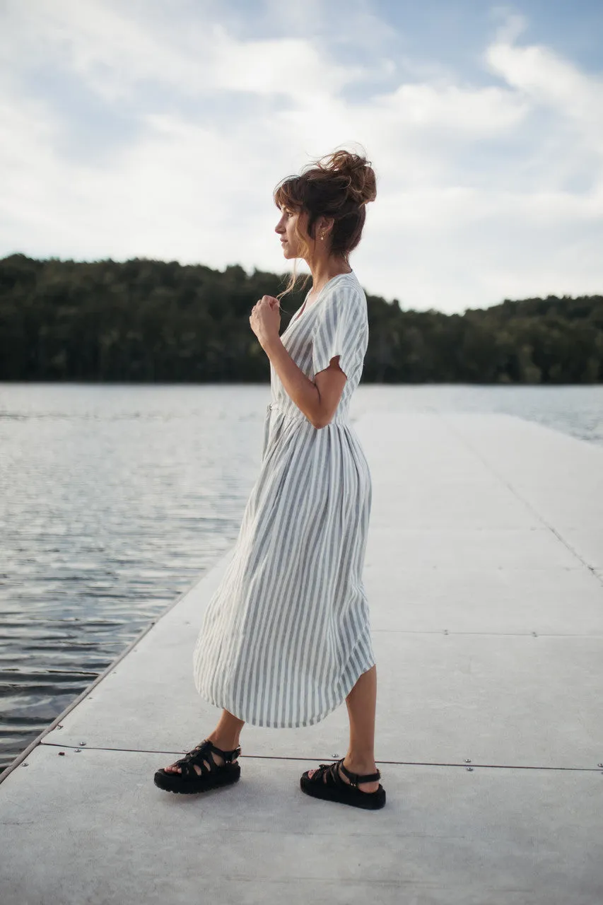 June Dress in Green and White Stripe Linen - S