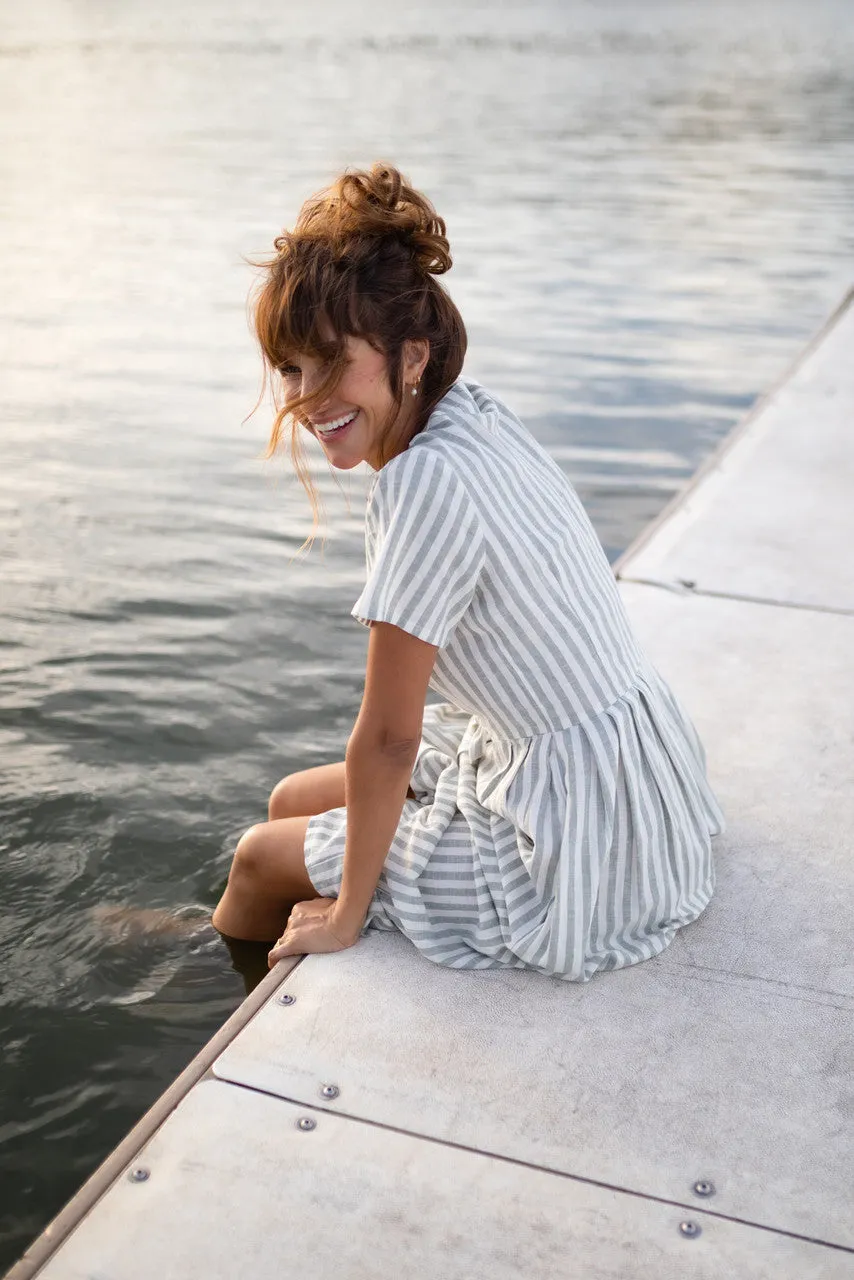 June Dress in Green and White Stripe Linen - S