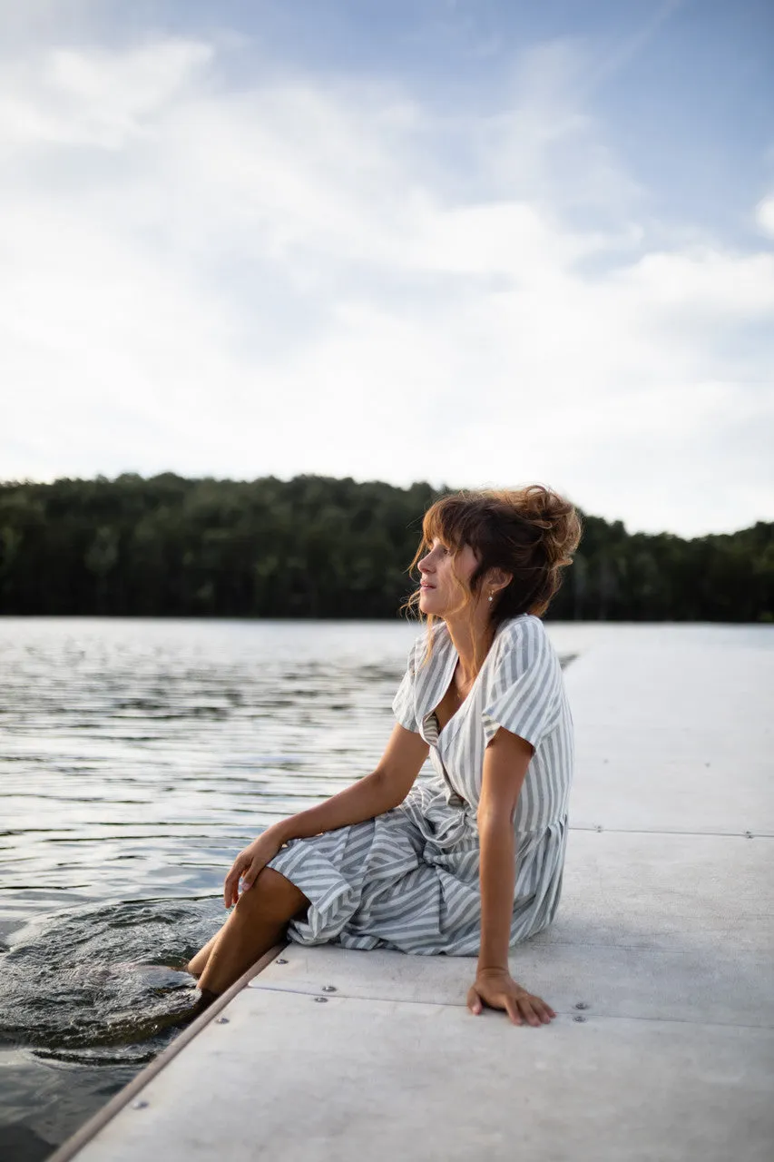 June Dress in Green and White Stripe Linen - S