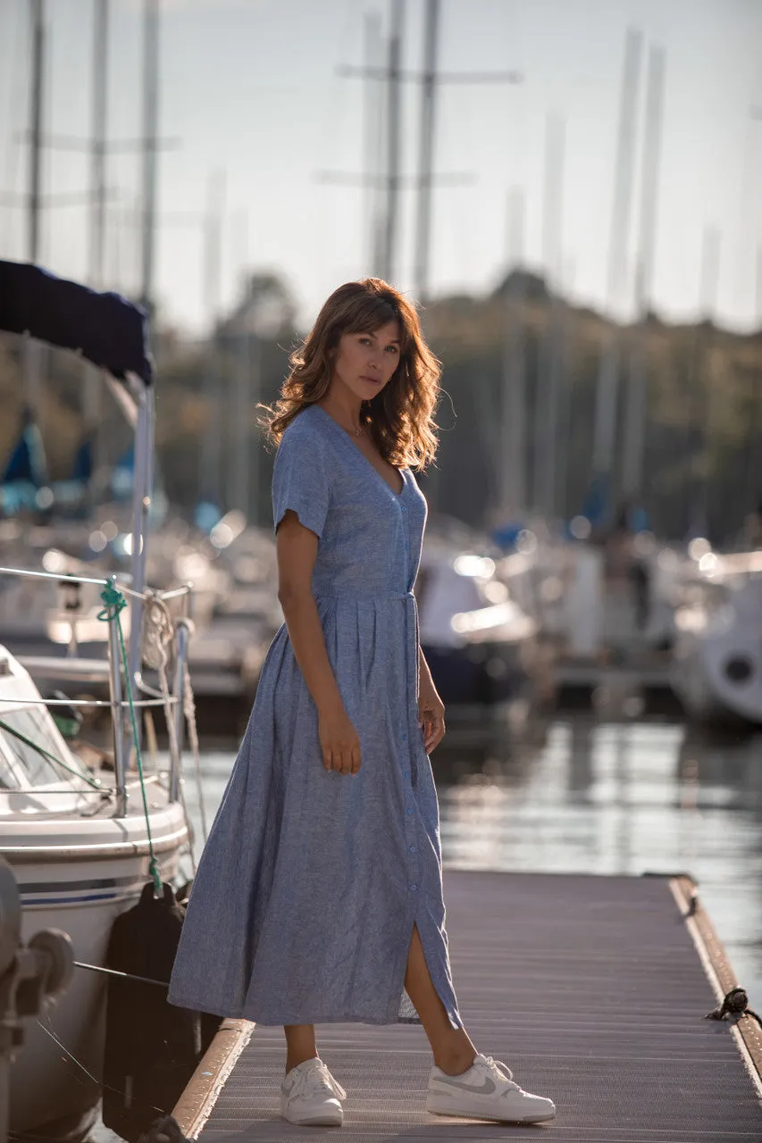 June Dress in Light Blue Linen/Cotton