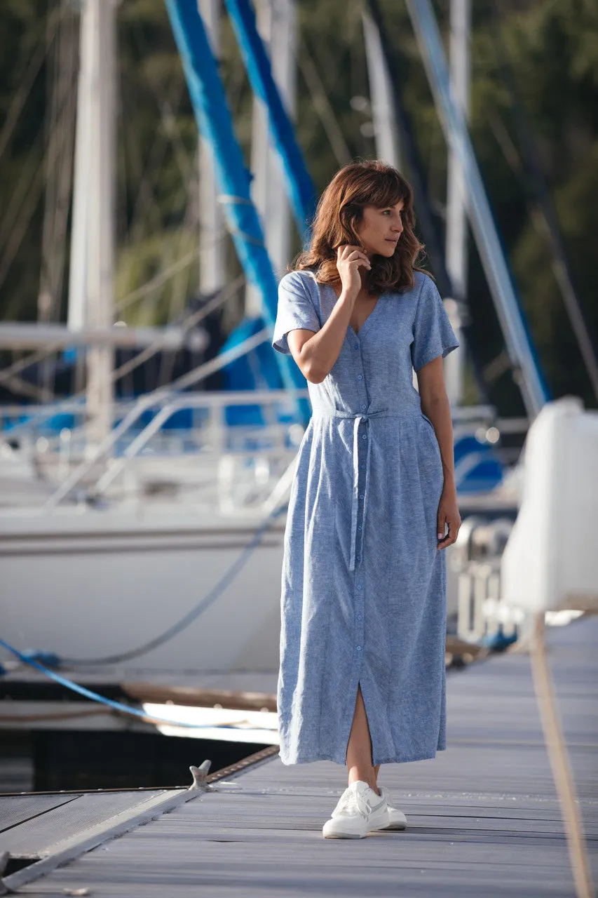 June Dress in Light Blue Linen/Cotton