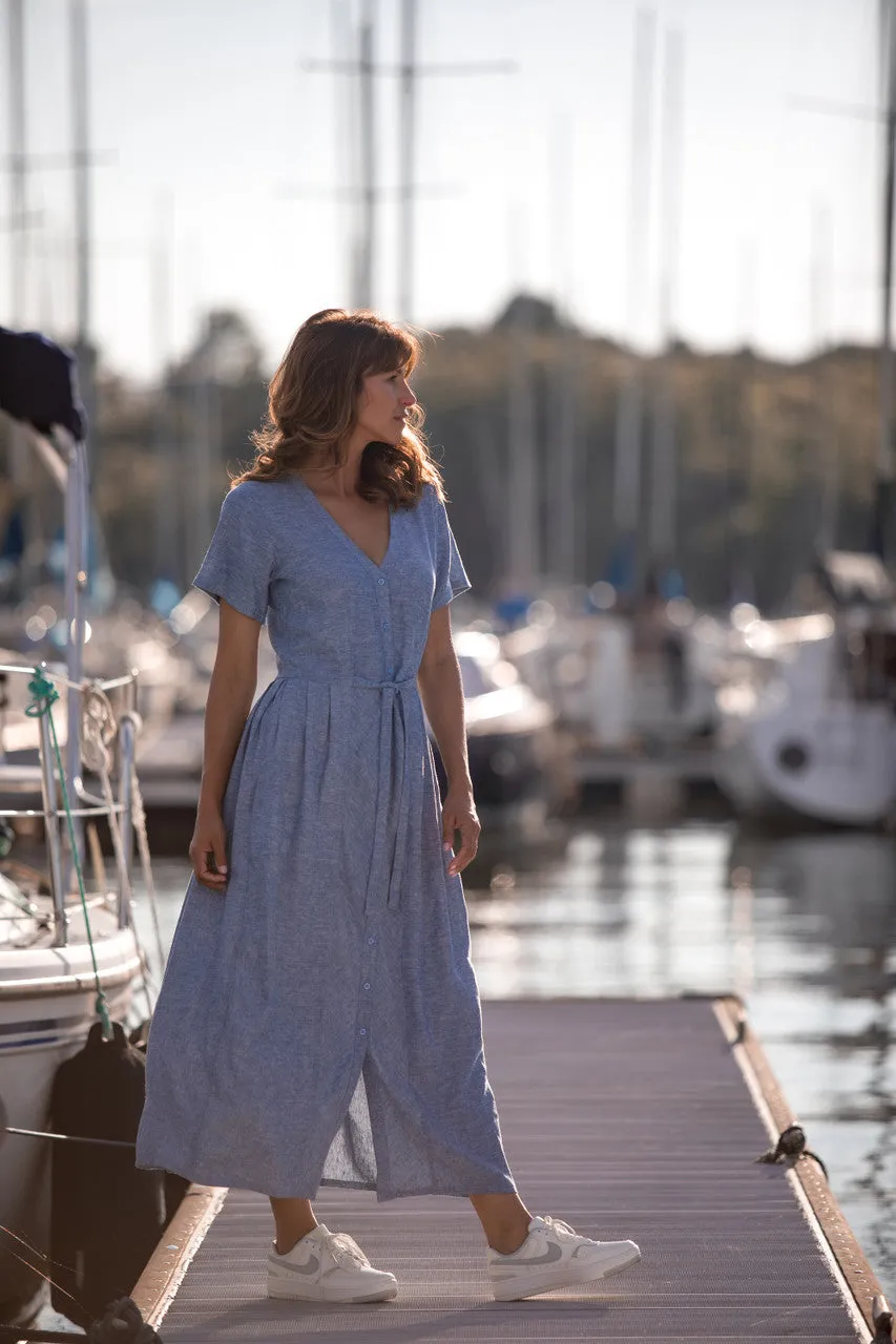 June Dress in Light Blue Linen/Cotton