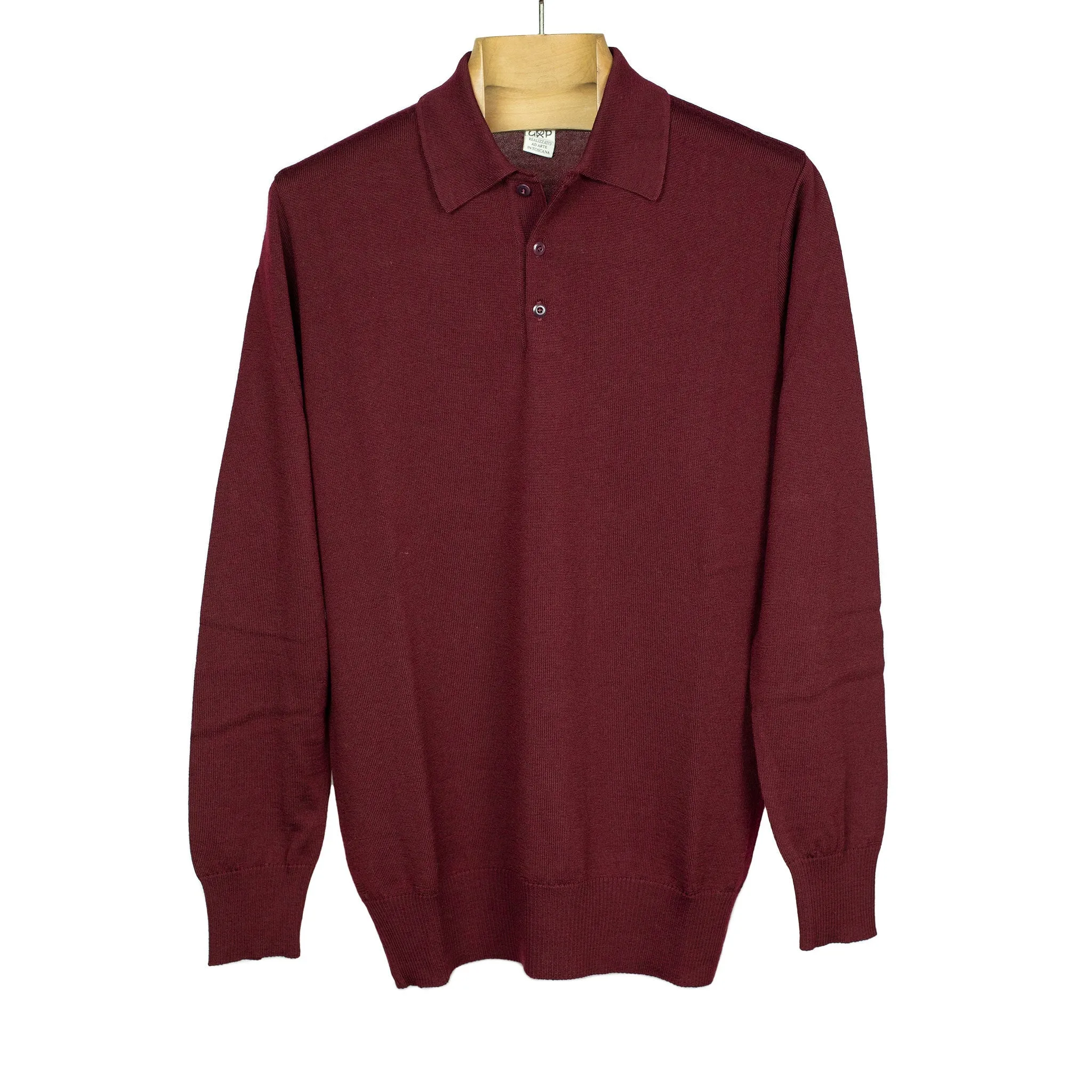 Knit long sleeve polo in burgundy red merino wool (restock)