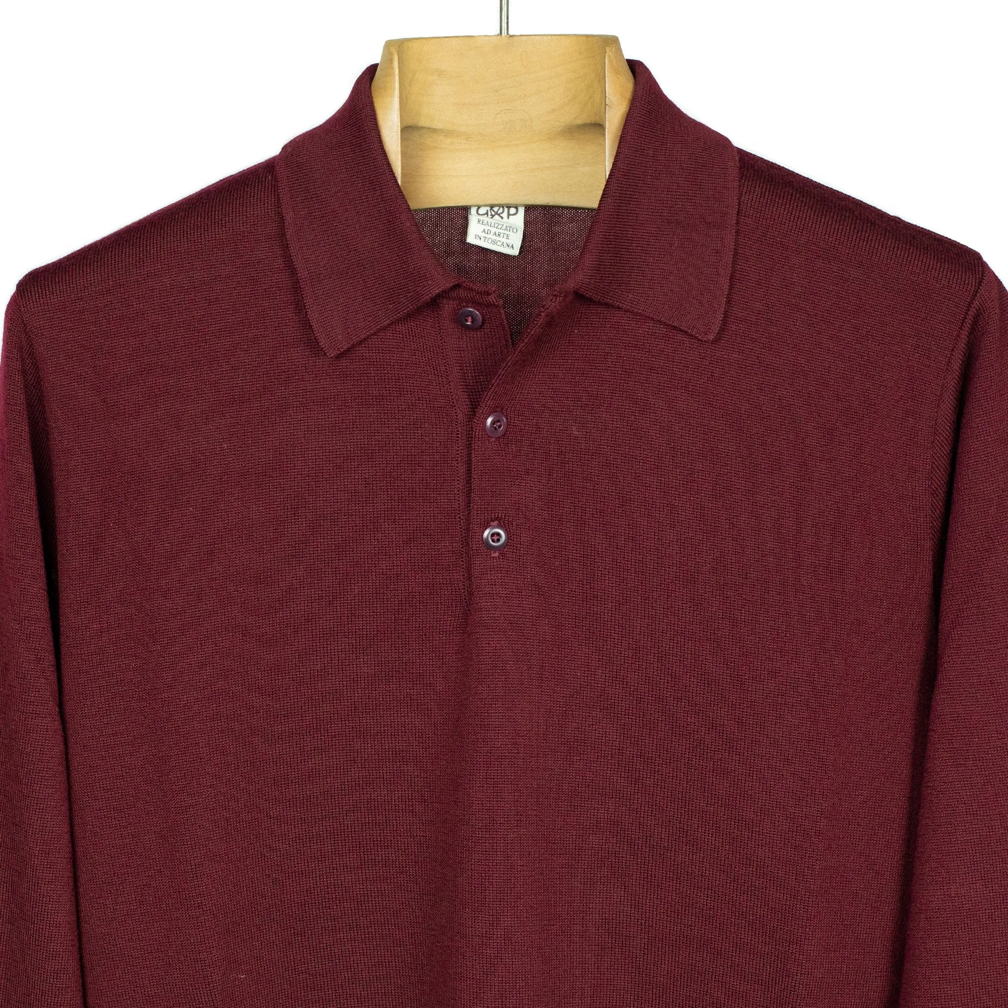 Knit long sleeve polo in burgundy red merino wool (restock)