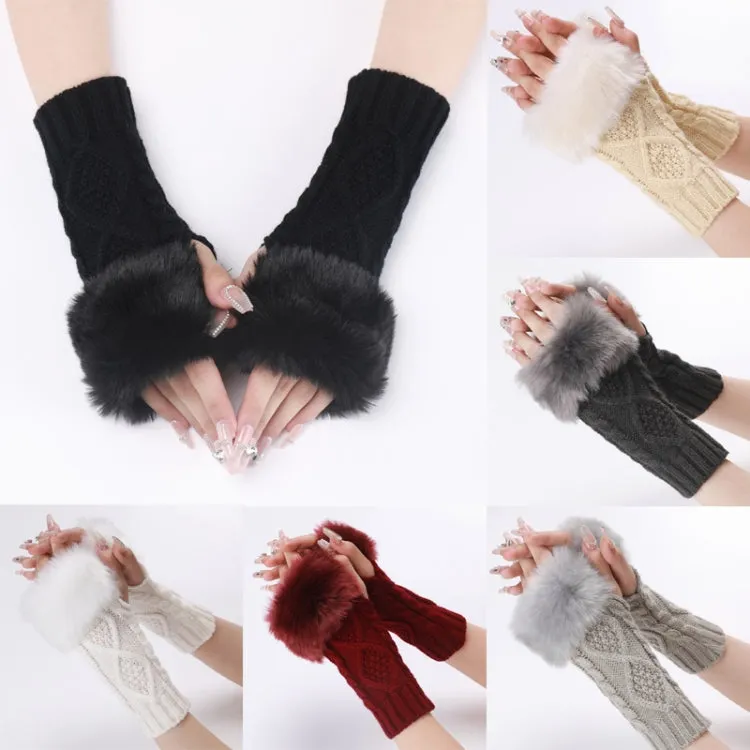 Ladies Short Type Furry Gloves Diamond Knit Warm Fingerless Arm Sleeves(Coffee)