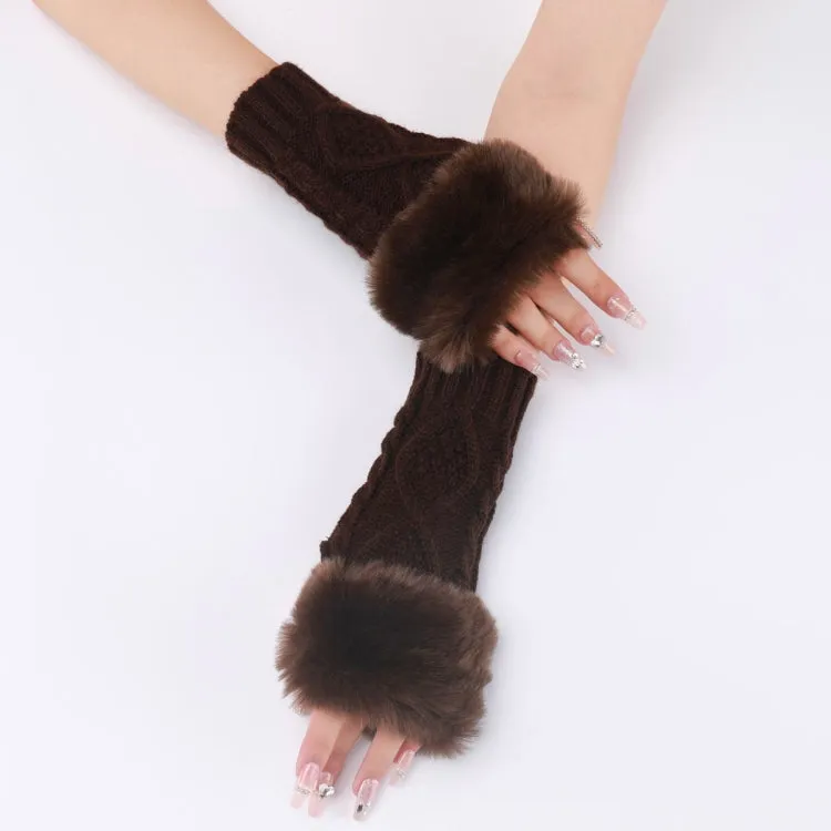 Ladies Short Type Furry Gloves Diamond Knit Warm Fingerless Arm Sleeves(Coffee)