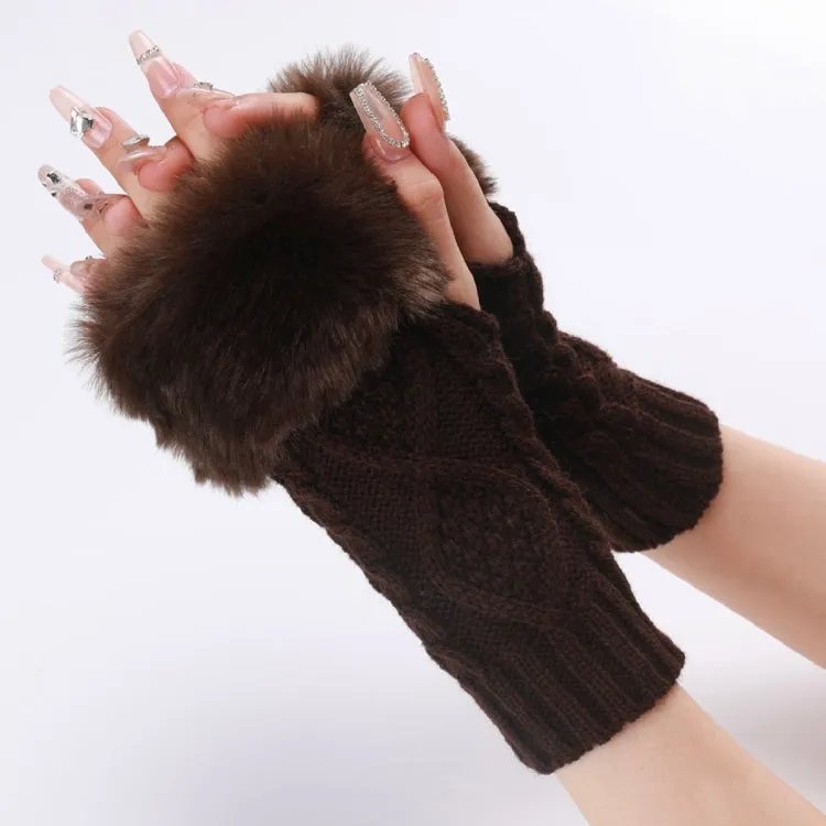 Ladies Short Type Furry Gloves Diamond Knit Warm Fingerless Arm Sleeves(Coffee)