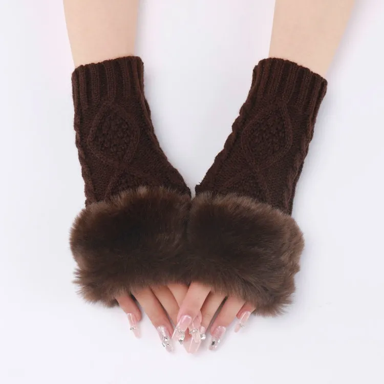 Ladies Short Type Furry Gloves Diamond Knit Warm Fingerless Arm Sleeves(Coffee)