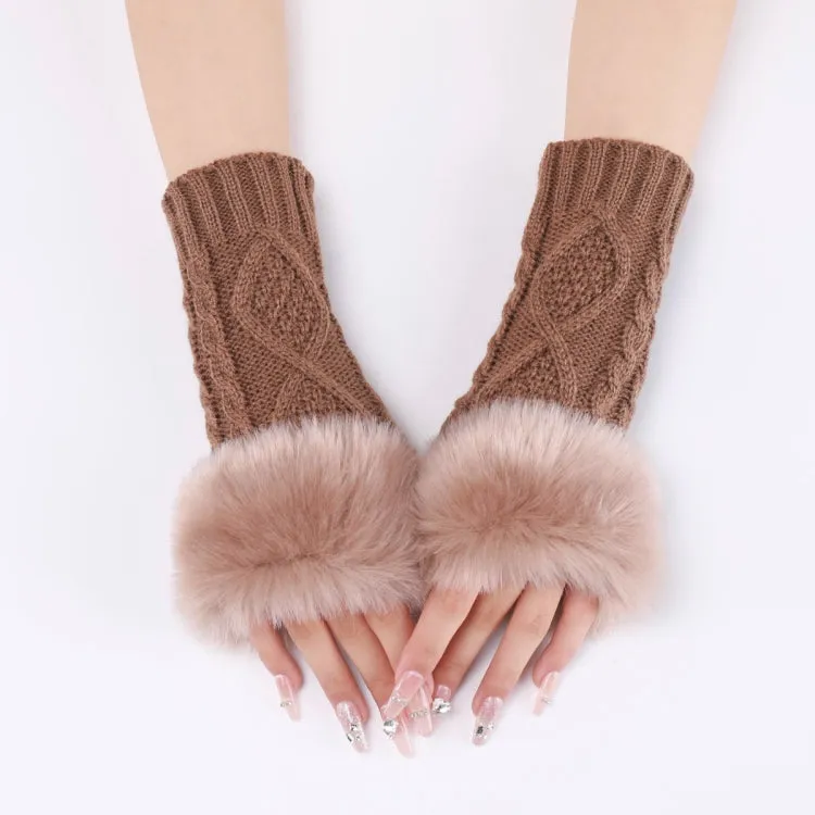 Ladies Short Type Furry Gloves Diamond Knit Warm Fingerless Arm Sleeves(Khaki)