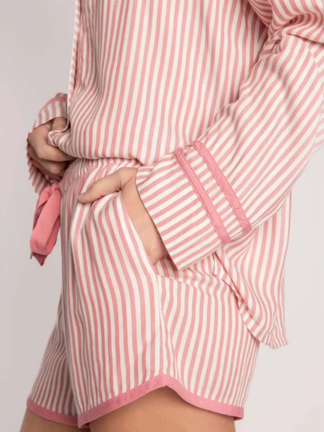 Laid-Back Stripes: Collared Neck Top & Shorts Lounge Set