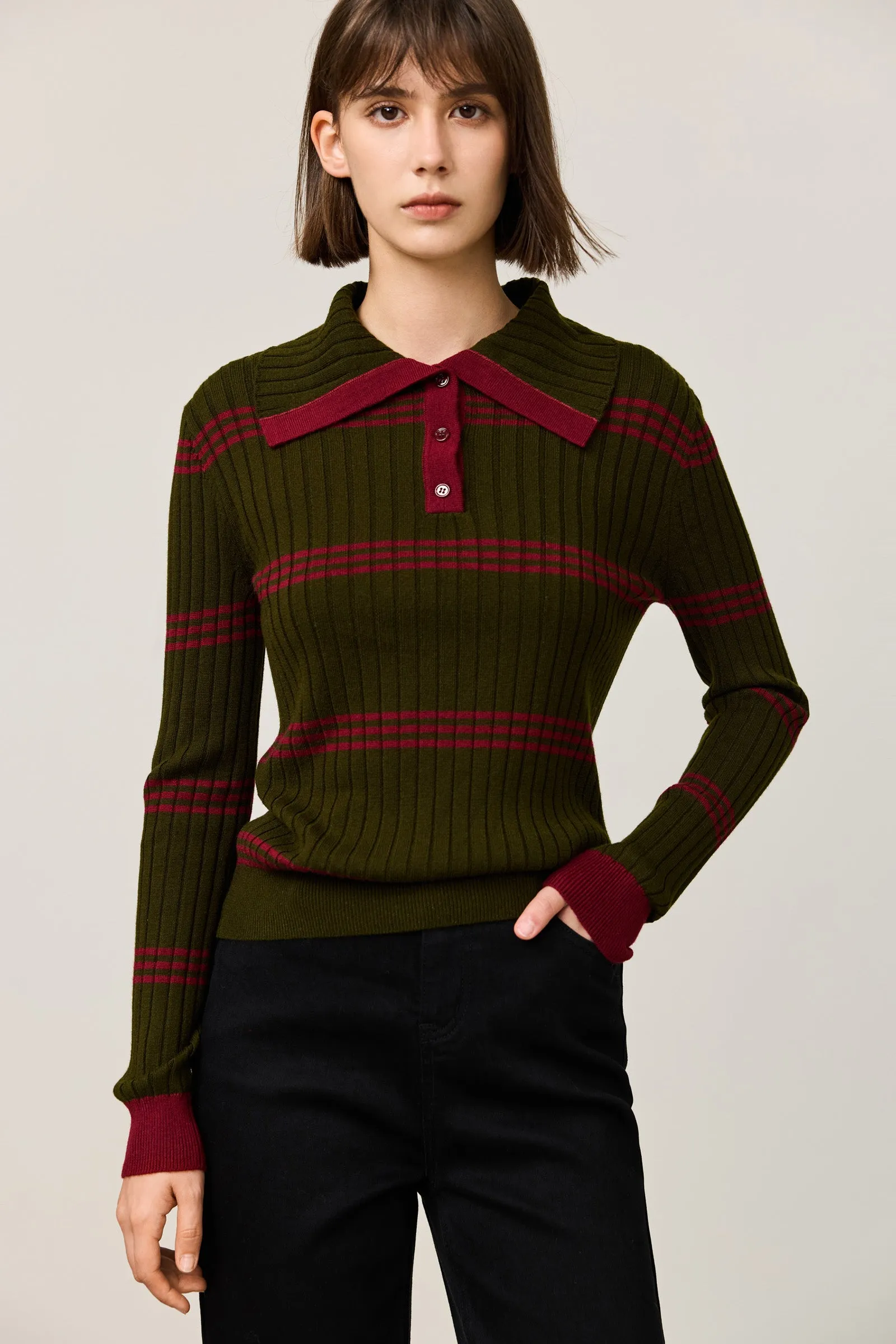 LILY Retro Contrast Polo Knit Sweater