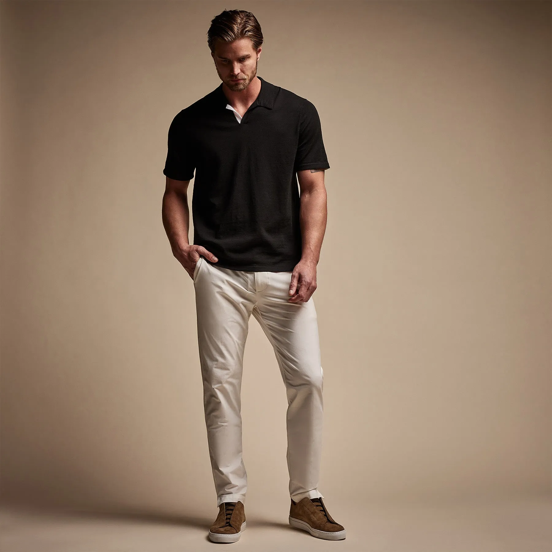 Linen Blend Contrast Polo - Black/White