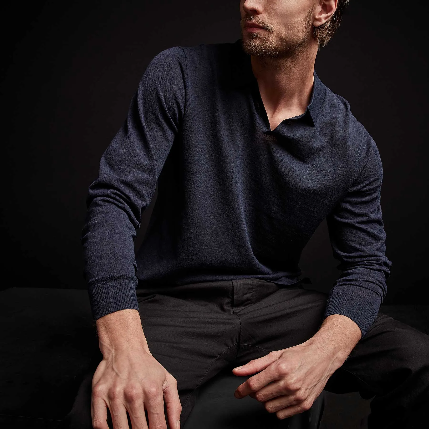 Linen Blend Long Sleeve Polo Sweater - Navy