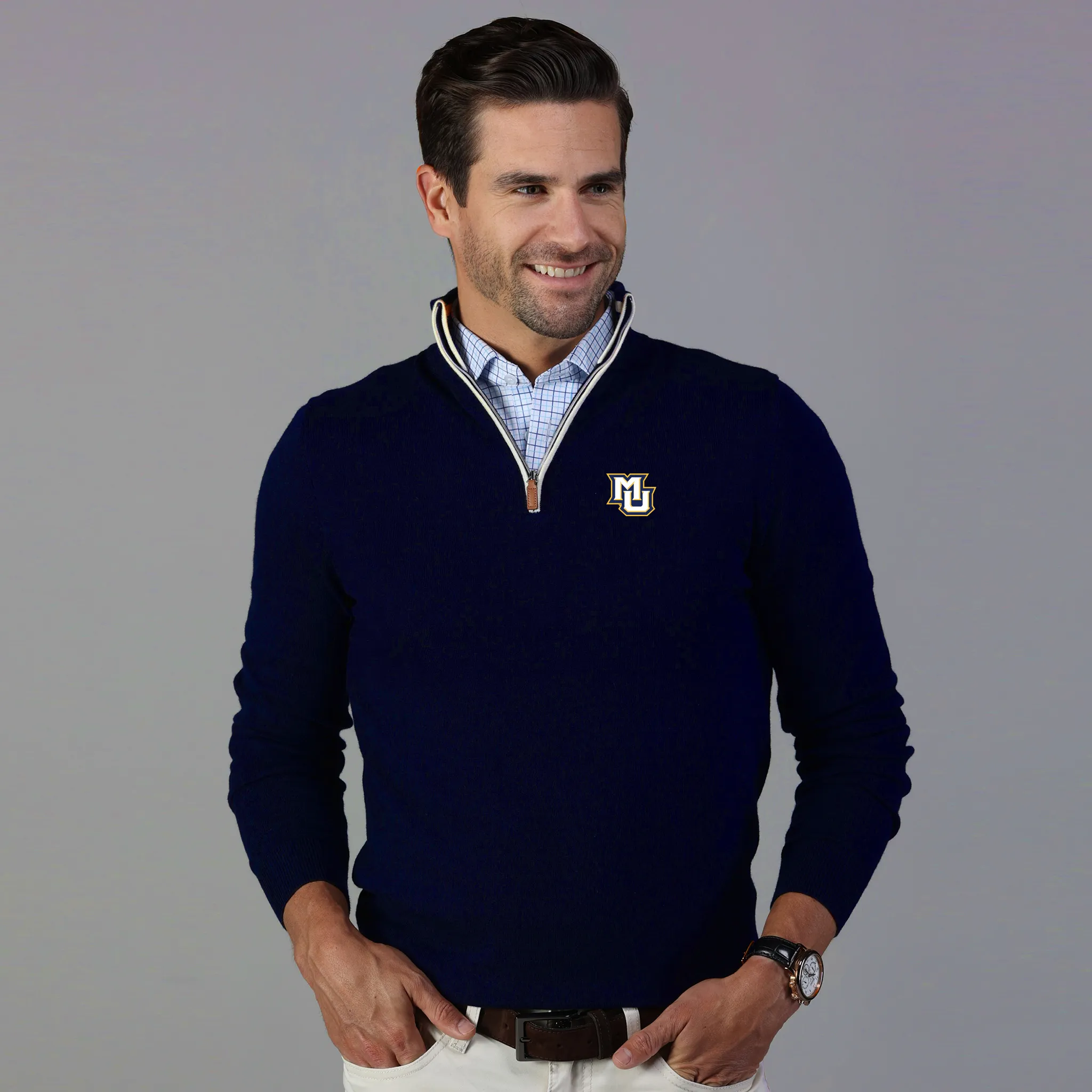 Marquette Navy with White Trim Luxury Touch Cotton and Cashmere Quarter Zip Sweater