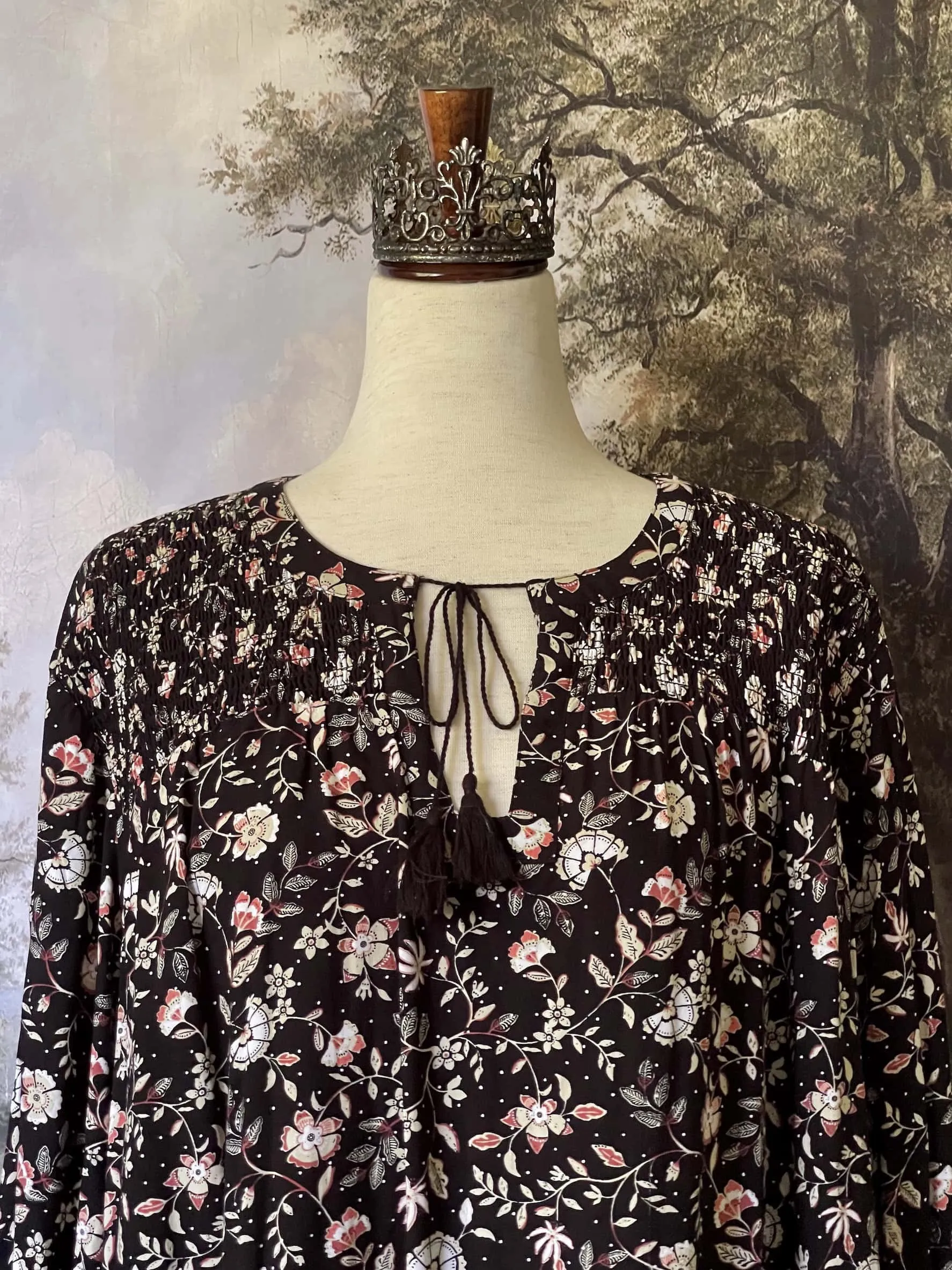 Medieval Inspired Dark Botanical Print Blouse with Bishop Sleeves - Size 1X-3X