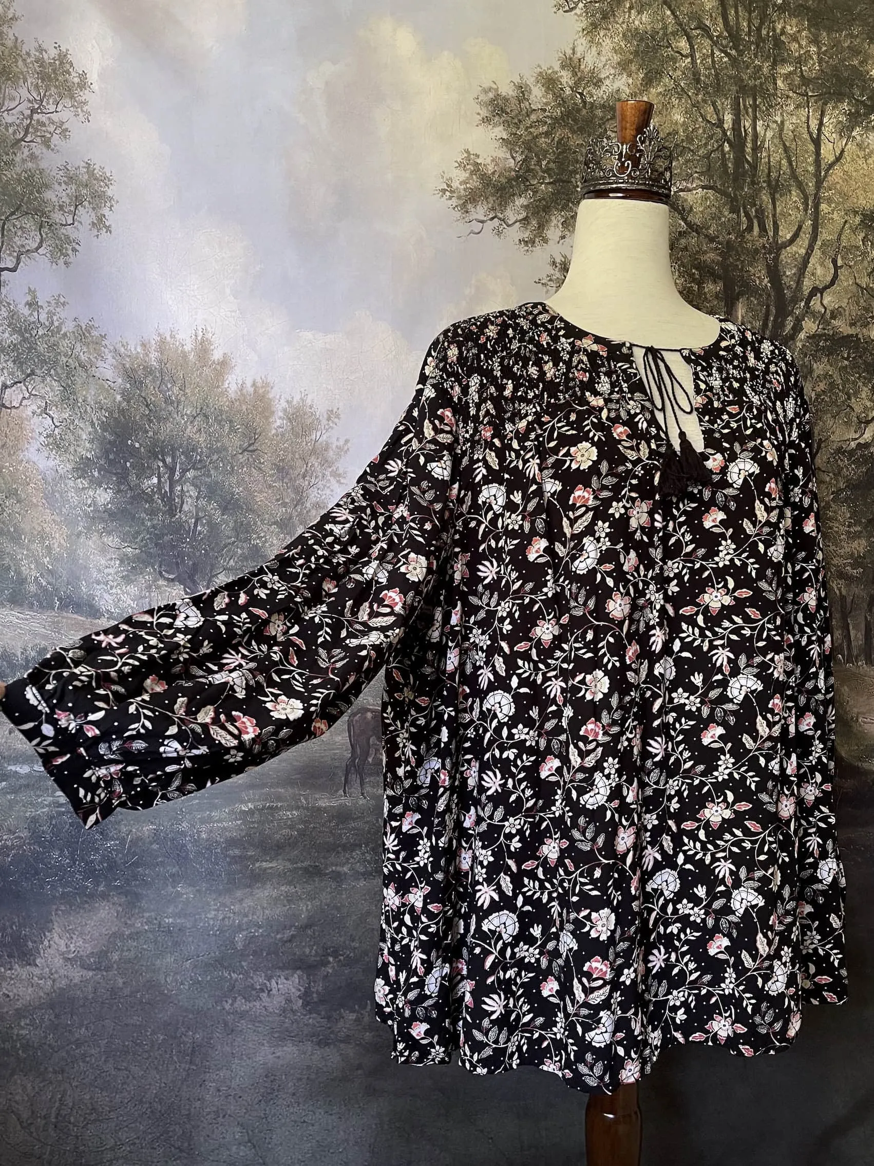 Medieval Inspired Dark Botanical Print Blouse with Bishop Sleeves - Size 1X-3X