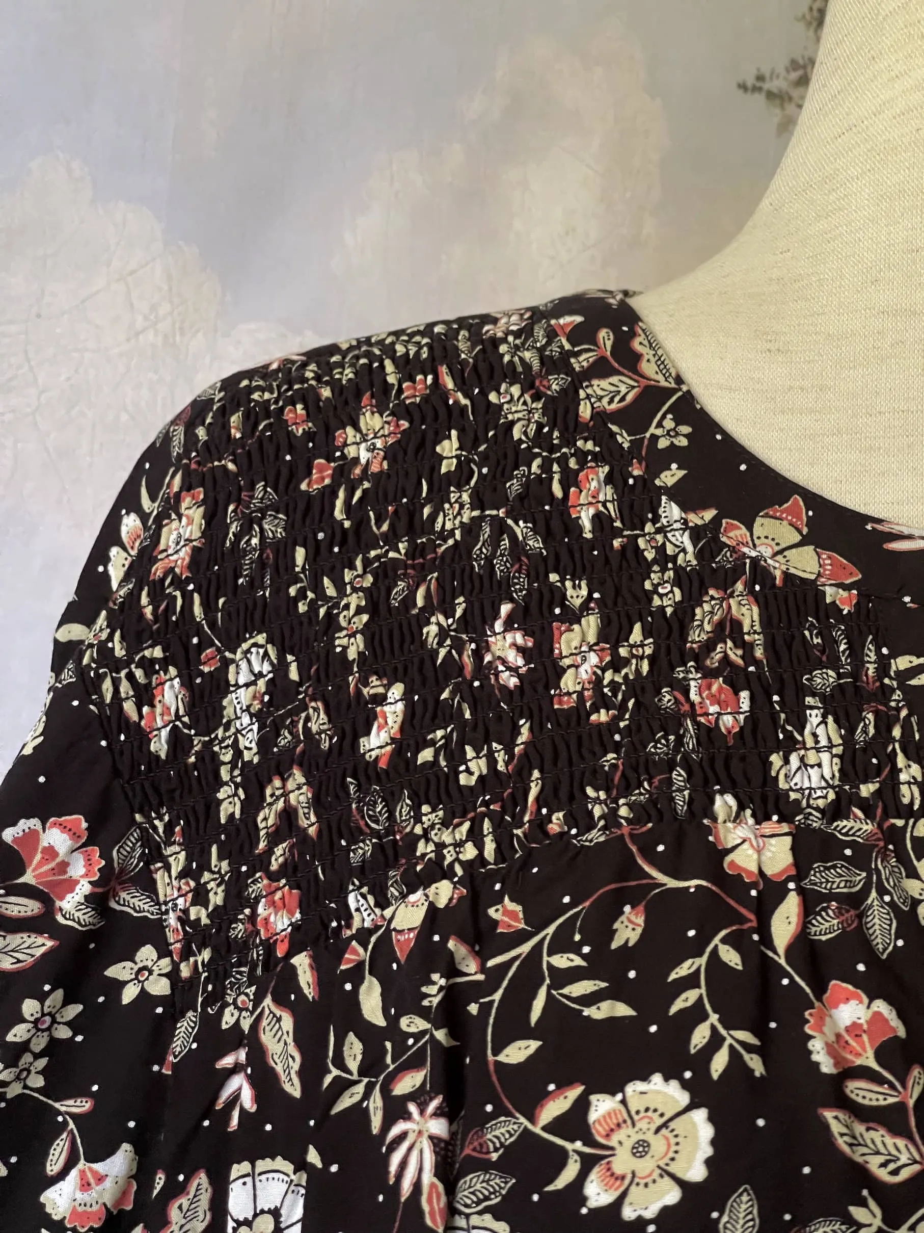 Medieval Inspired Dark Botanical Print Blouse with Bishop Sleeves - Size 1X-3X