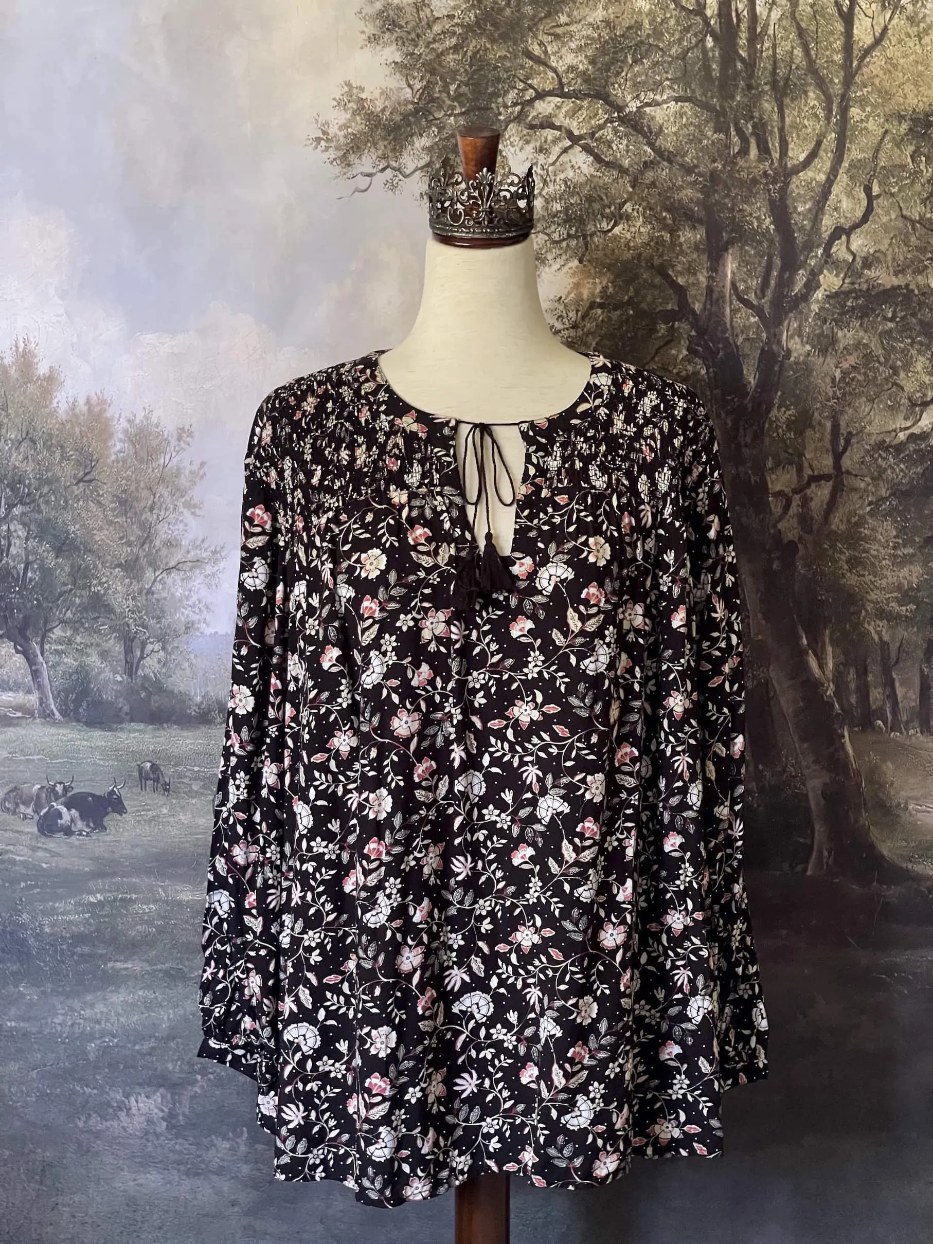 Medieval Inspired Dark Botanical Print Blouse with Bishop Sleeves - Size 1X-3X