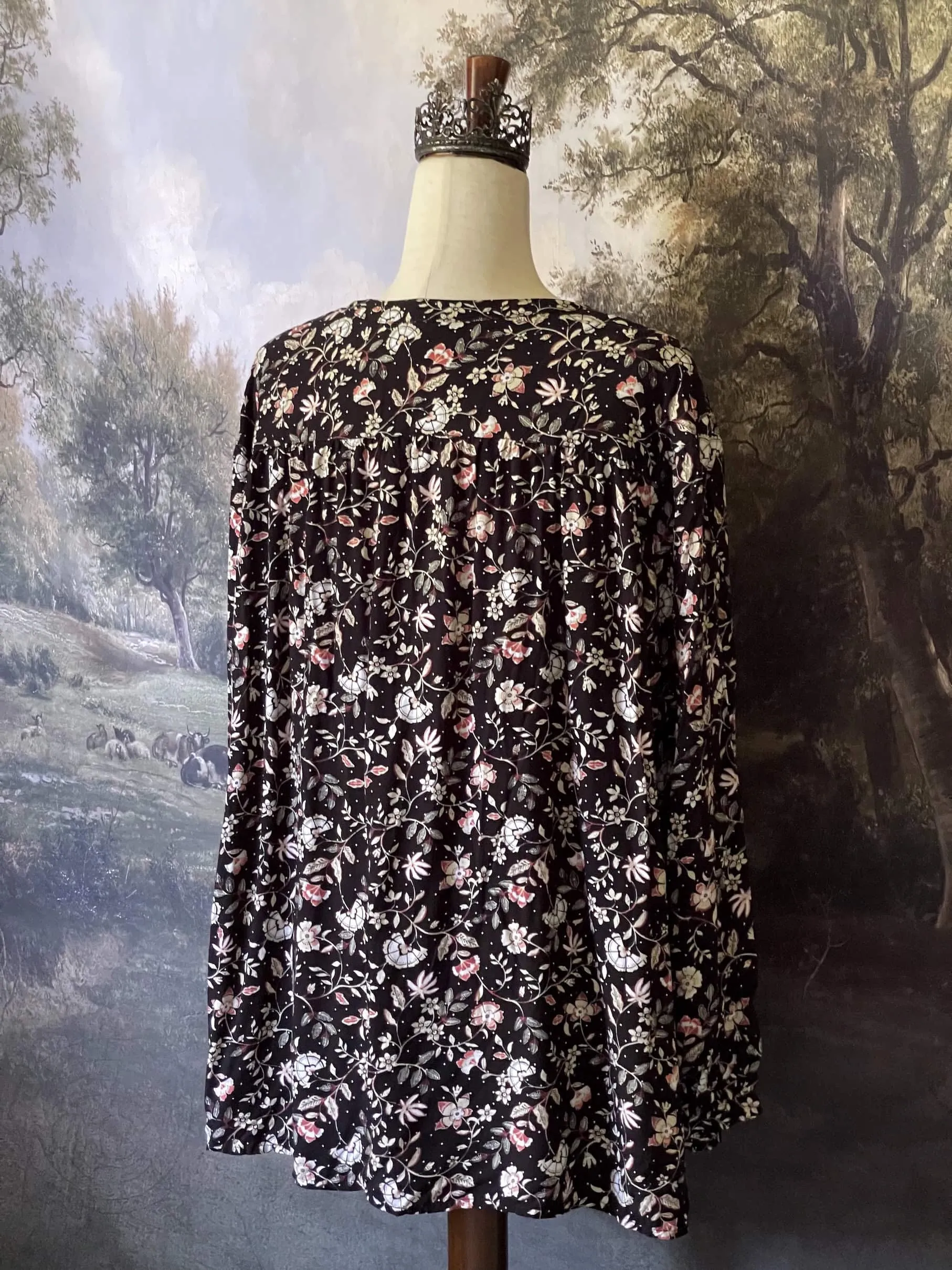 Medieval Inspired Dark Botanical Print Blouse with Bishop Sleeves - Size 1X-3X