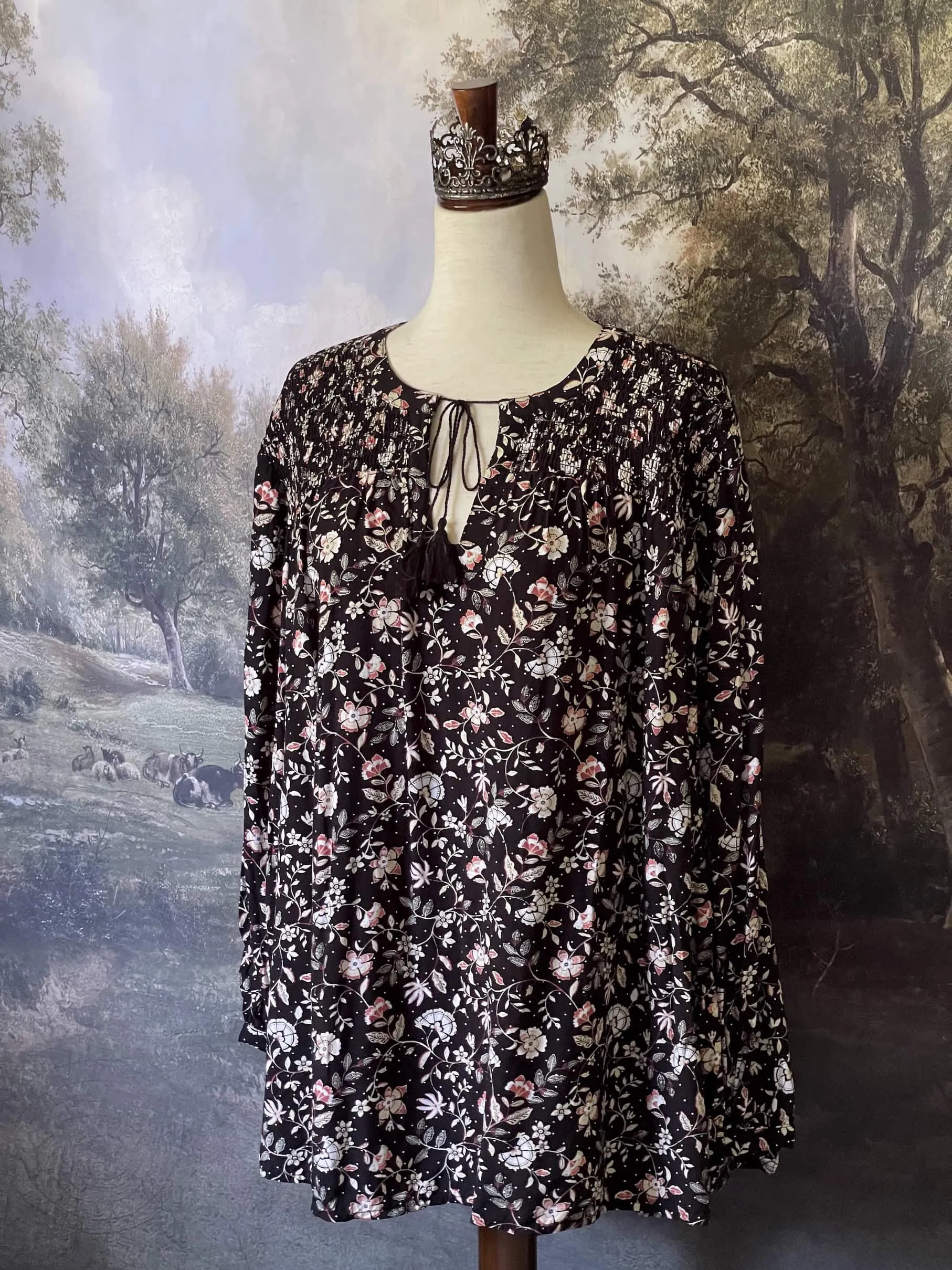 Medieval Inspired Dark Botanical Print Blouse with Bishop Sleeves - Size 1X-3X