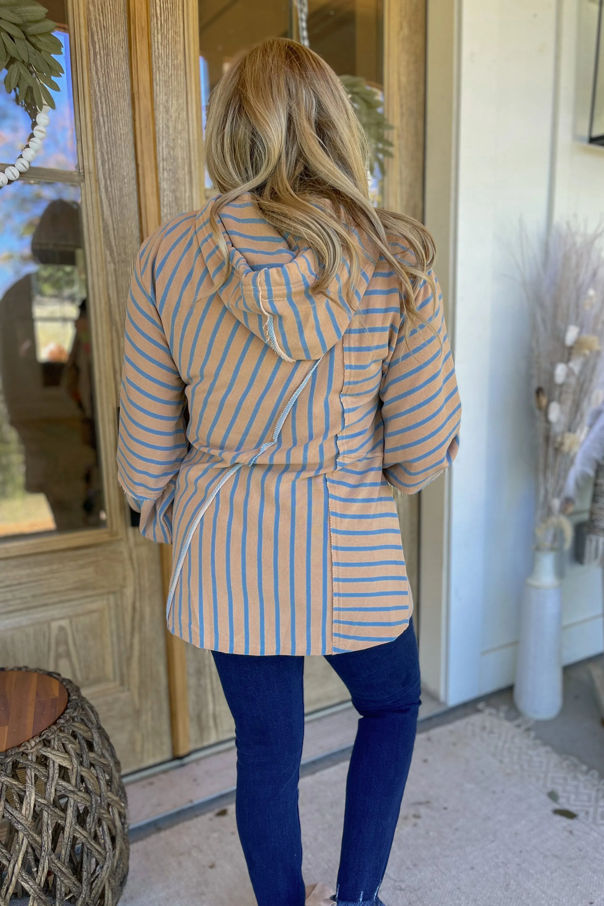 Mercer French Terry Stripe Bell Sleeve Hooded Pullover Top