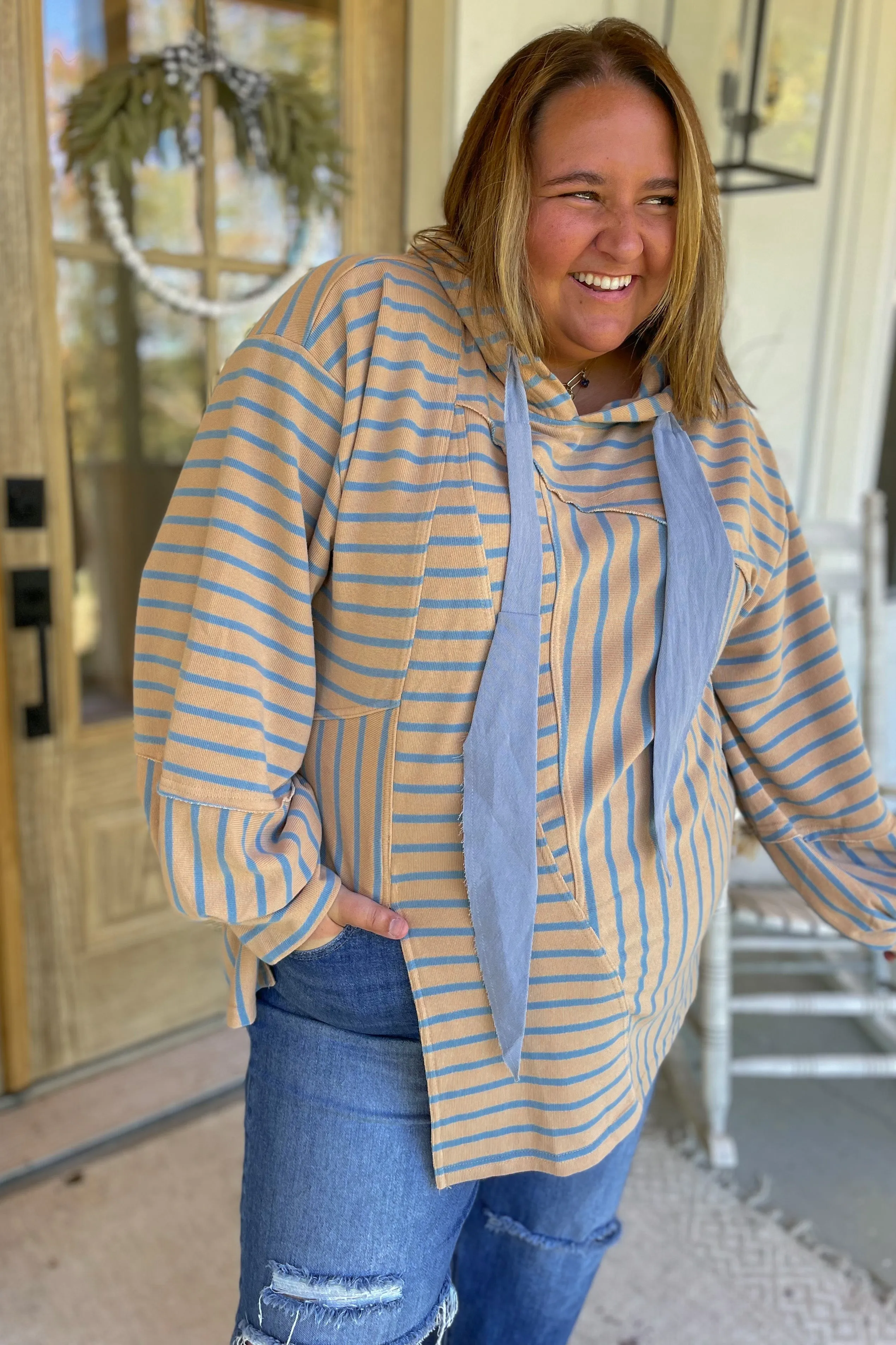 Mercer French Terry Stripe Bell Sleeve Hooded Pullover Top