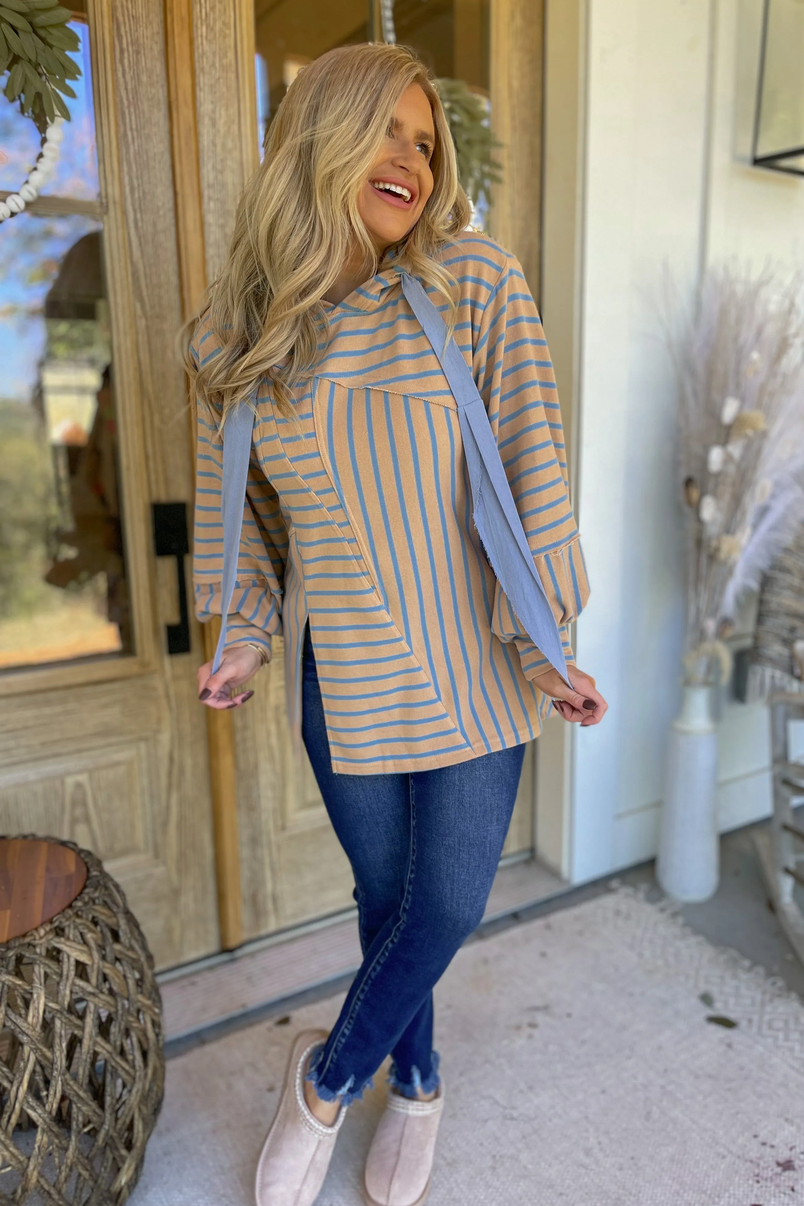 Mercer French Terry Stripe Bell Sleeve Hooded Pullover Top