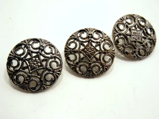 Metal Buttons Set of 3: Gunmetal Filigree Metal Shank Buttons ~ 9/16" Diameter