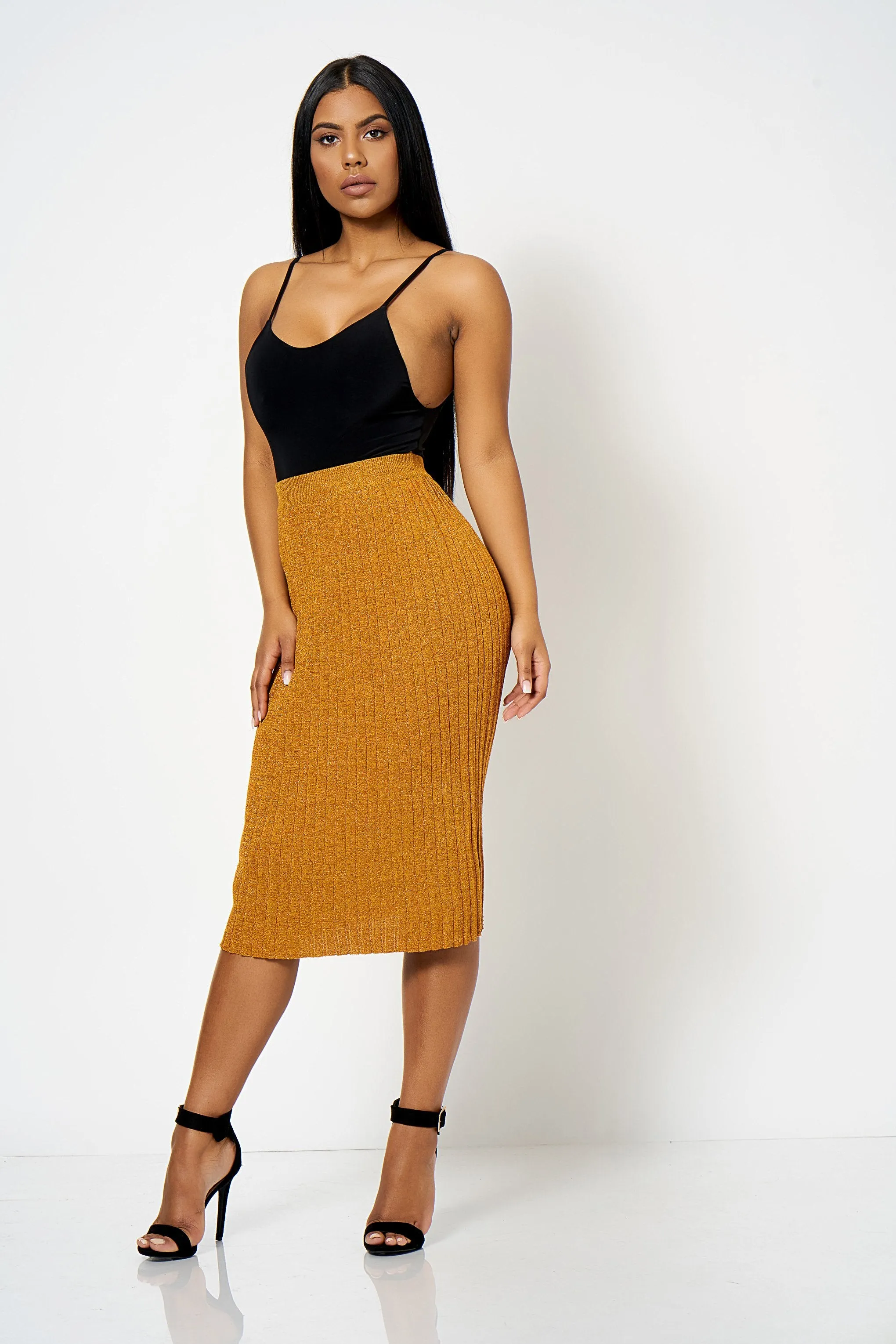 Mustard Lurex Knited Co-ord Midi Skirt