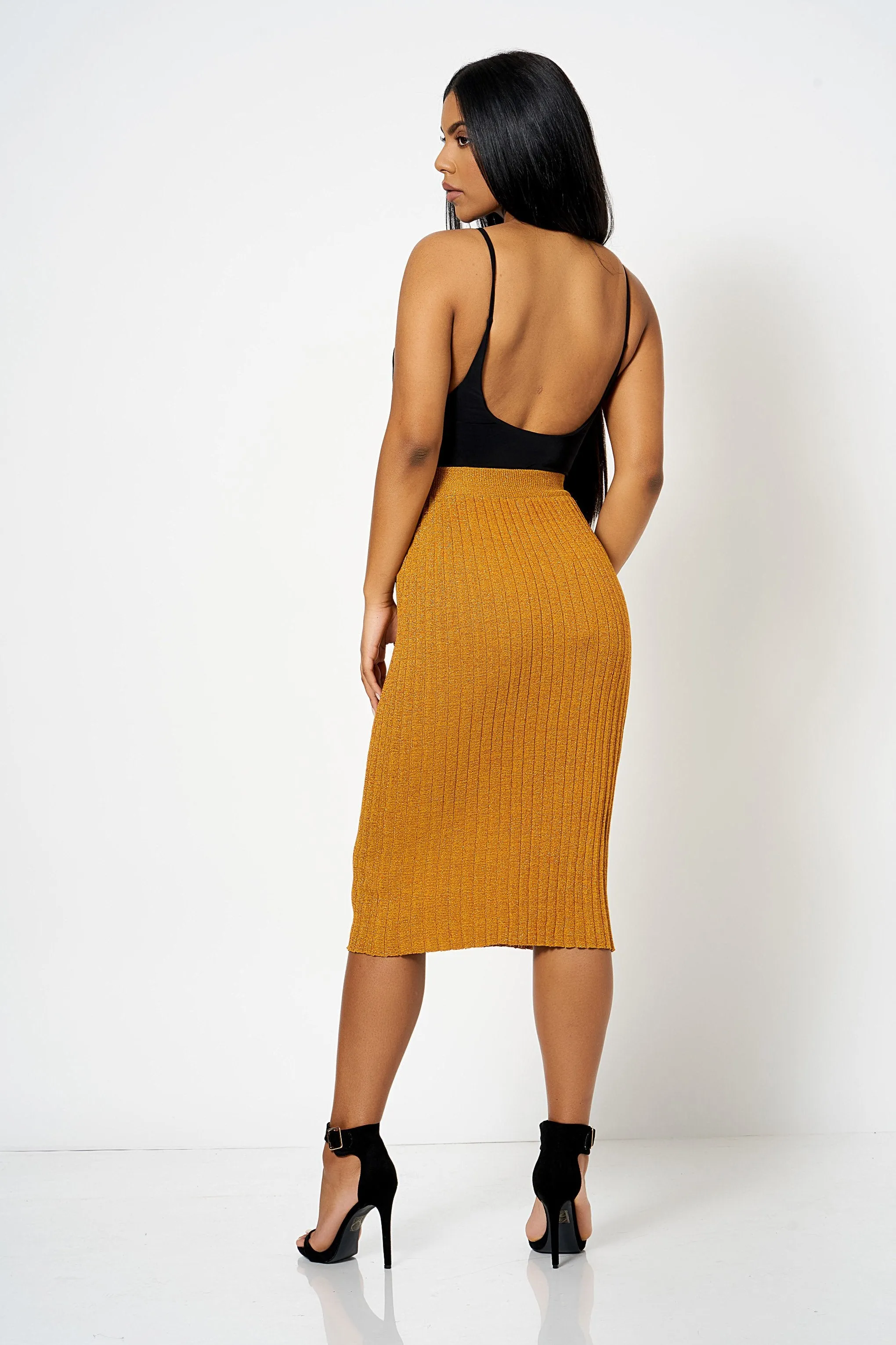 Mustard Lurex Knited Co-ord Midi Skirt