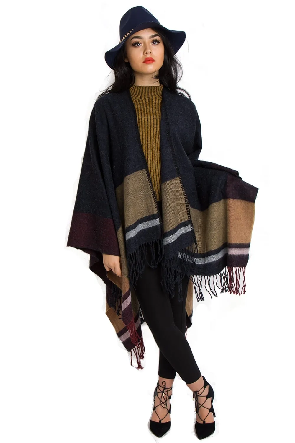 Navy and Mustard Stripe Blanket Cape With Fringe