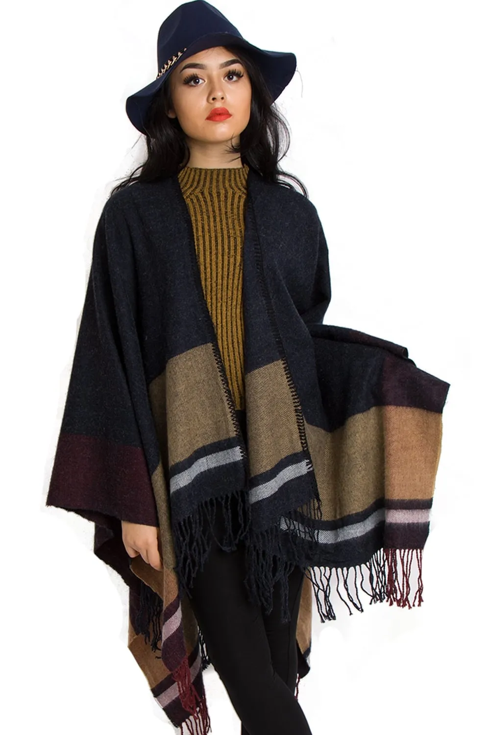 Navy and Mustard Stripe Blanket Cape With Fringe