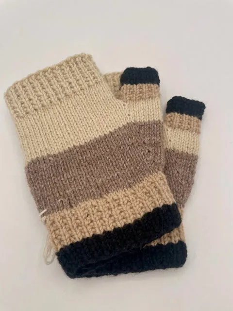 One Size Cream and Stone Colorblock Wool Blend Knit Fingerless Gloves