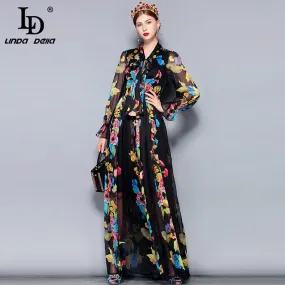 Ophelia Black Vintage Floral Print Chiffon Royalcore Long Sleeve Maxi Dress