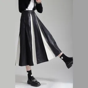 PU Color Block Pleated A-Line Skirt