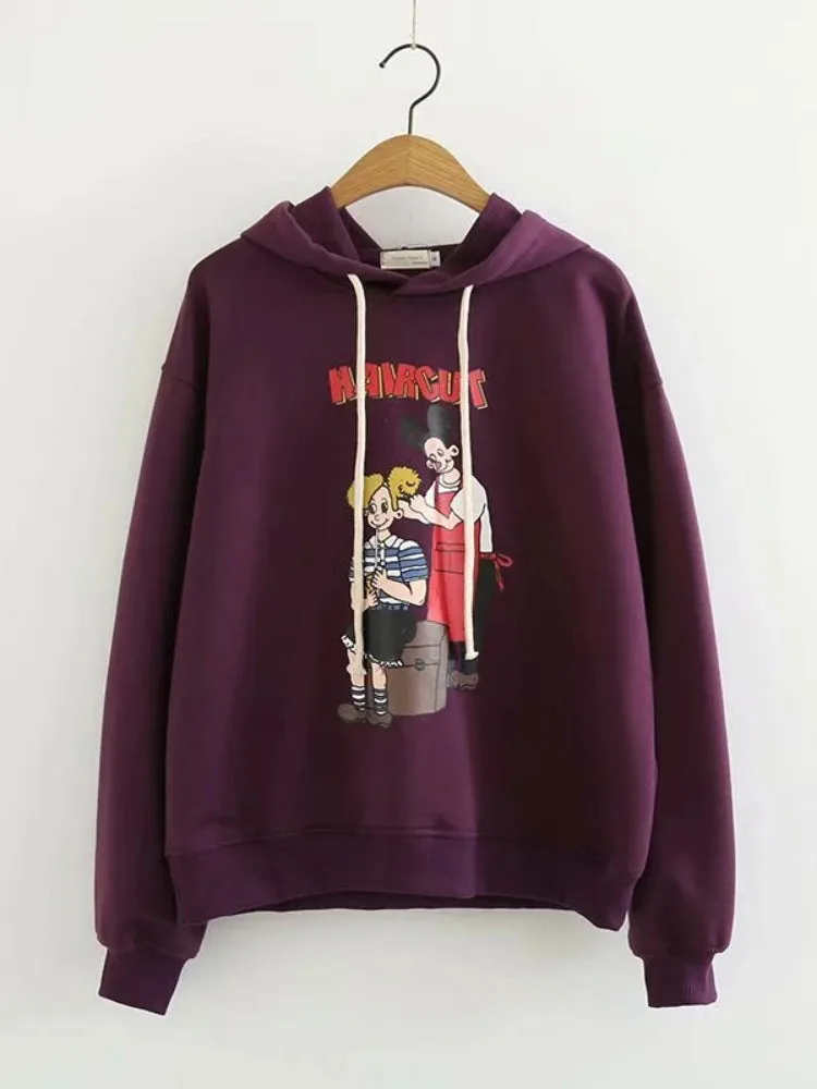 Purple Cartoon Print Women Hooded Sweatshirt Autumn Winter Girl Sporty Chic Hoodies Sweet Style Casual Pullover Tracksuits