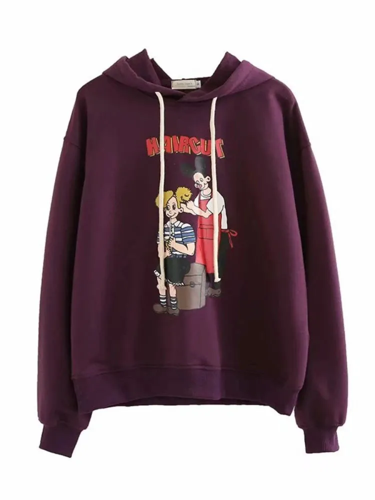 Purple Cartoon Print Women Hooded Sweatshirt Autumn Winter Girl Sporty Chic Hoodies Sweet Style Casual Pullover Tracksuits